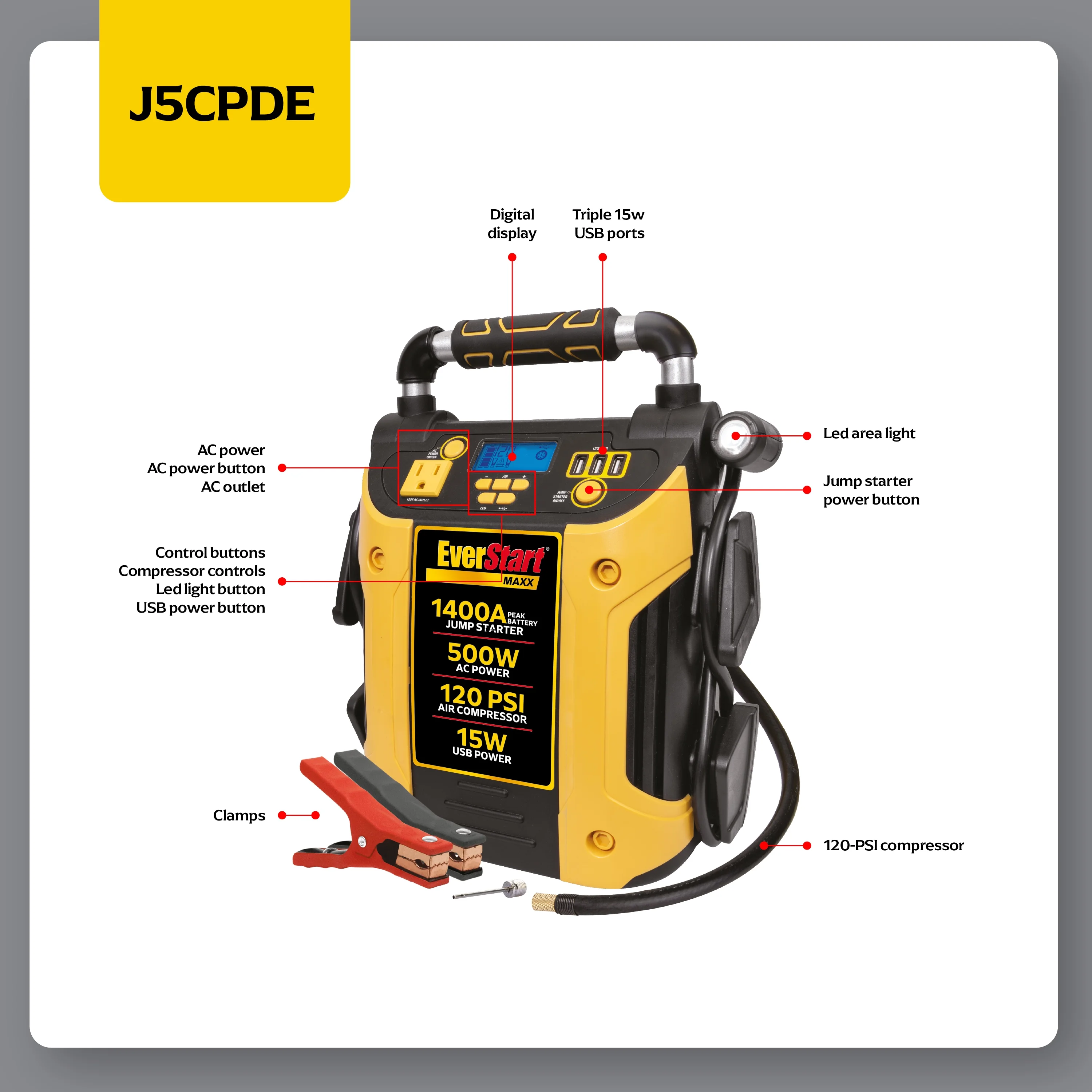 EverStart Maxx J5CPDE 1400 Peak Amps Jump Starter, Power Station, 500W Inverter, 120 PSI Compressor - Image 3