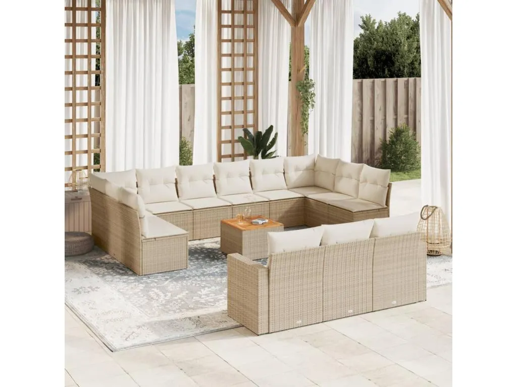 Set sofás de jardín 14 pzas con cojines ratán sintético beige