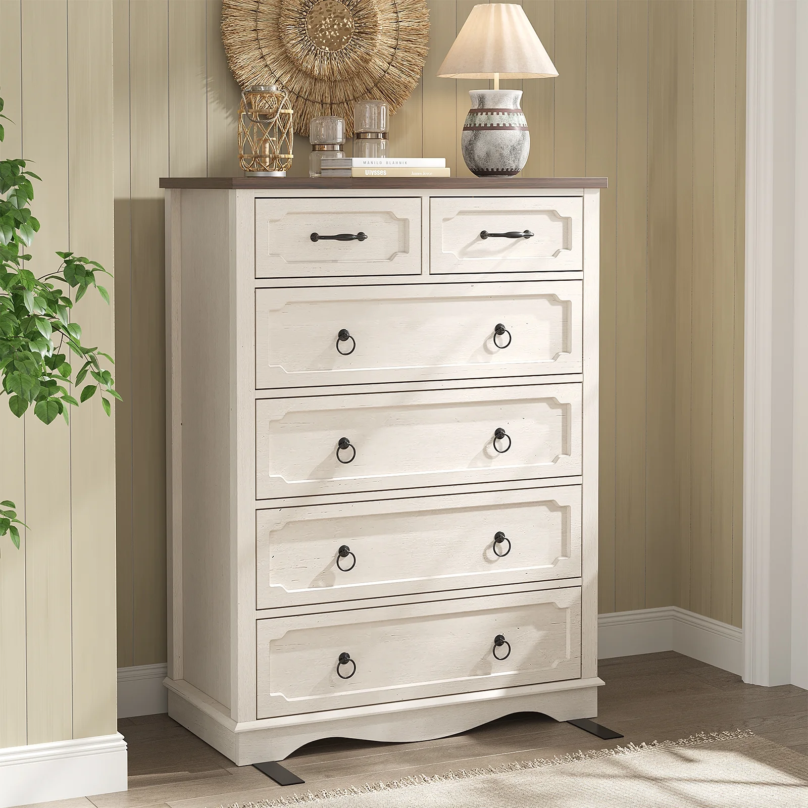 Vabches Farmhouse 6 Drawer Dresser, 43" Tall Chest of Drawers for Bedroom, Living Room, Hallway, Entryway, Antique White - Image 10