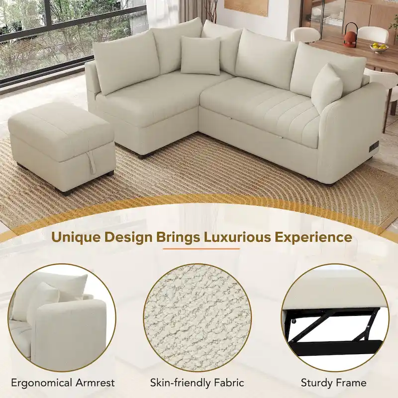 82.6" L-Shaped Sectional Sofa Bed with Pull-Out Feature, USB Ports, Power Sockets, and Movable Storage Ottoman - Bei