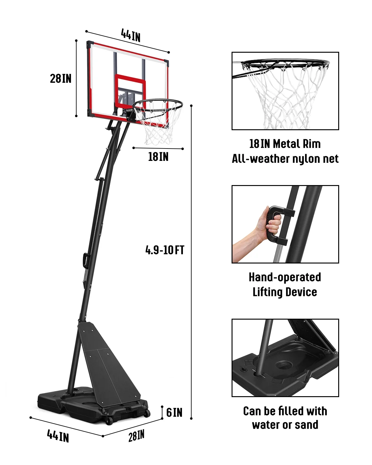 Seray Basketball Hoop with 4.8-10 feet Height Adjustable for Kids/Adults, Portable Basketball Goal with 44 inch Backboard and 2 Wheels for Outdoor/Indoor Sports - Image 12