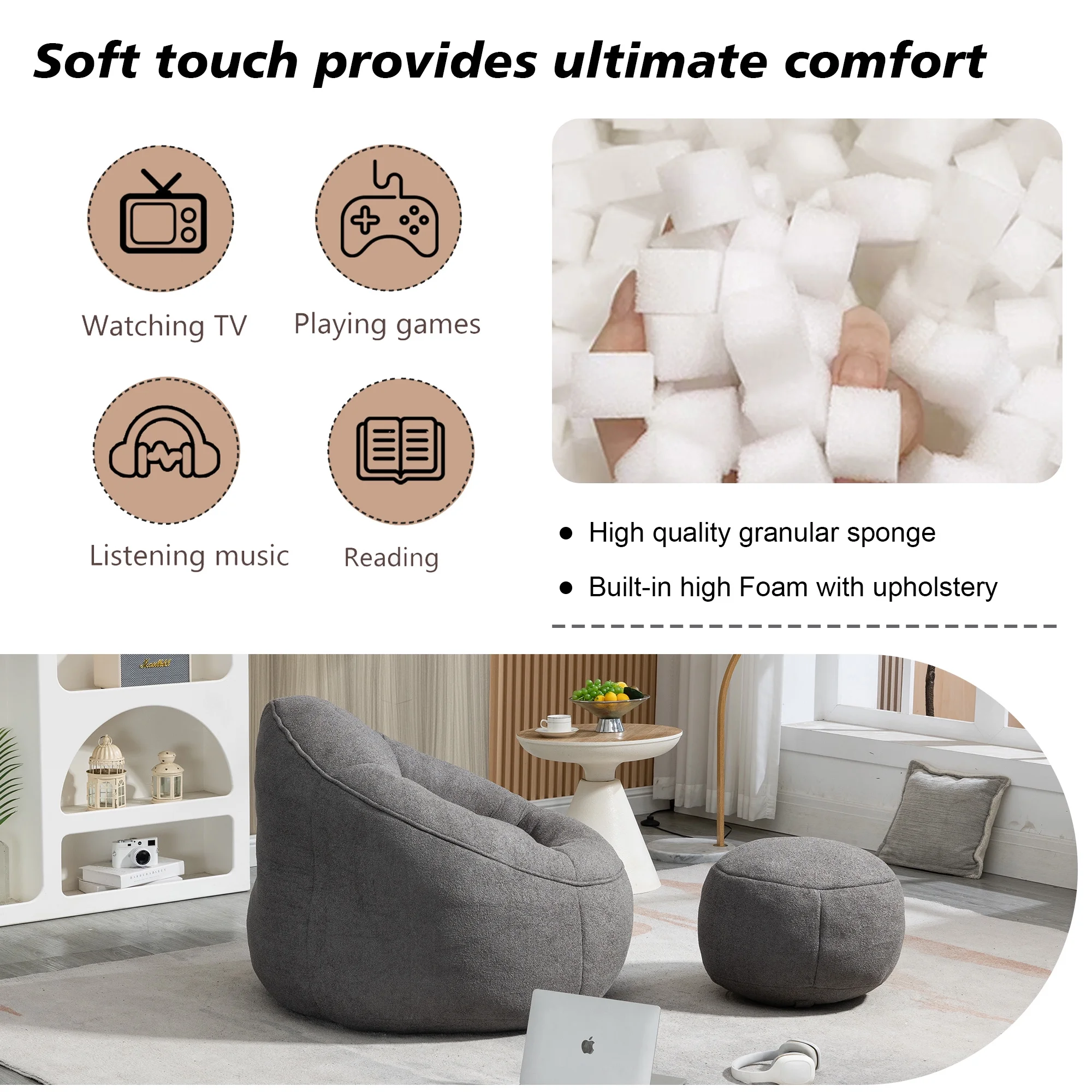 MOONMISS Microfiber Upholstered High Pressure Foam Round Lazy Bean Bag Sofa Chair with Ottoman-Gray - Image 4