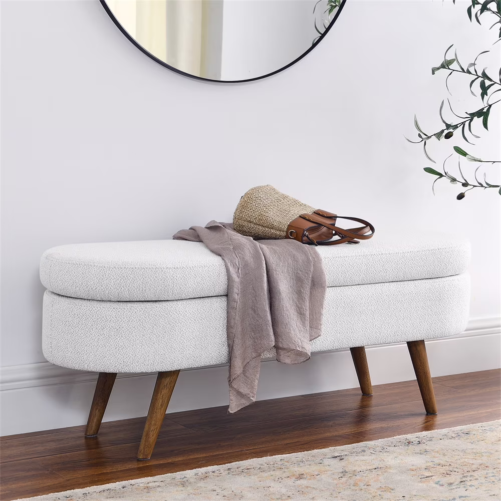 43.5" Oval Storage Ottoman Bench with Solid Wood Legs, Linen Fabric Upholstered Entryway Bench with Safety Hinge, Indoor Bench for End of Bed, Sofa Side, Entryway - Image 3