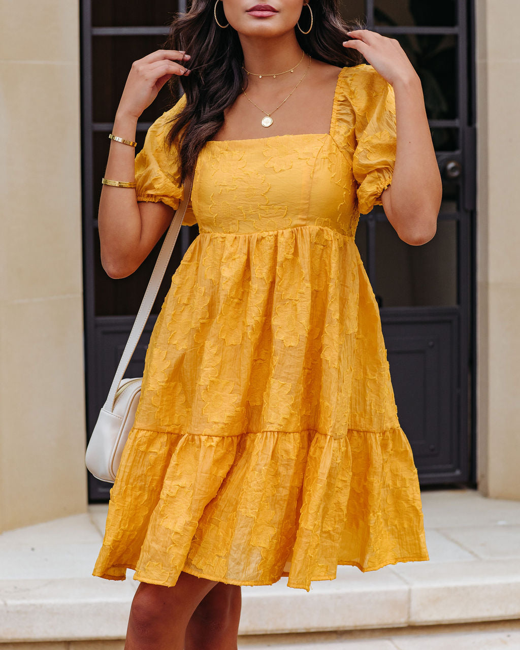 Picking Daisies Puff Sleeve Babydoll Mini Dress - Mustard Yellow - SALE - Se7enfashion