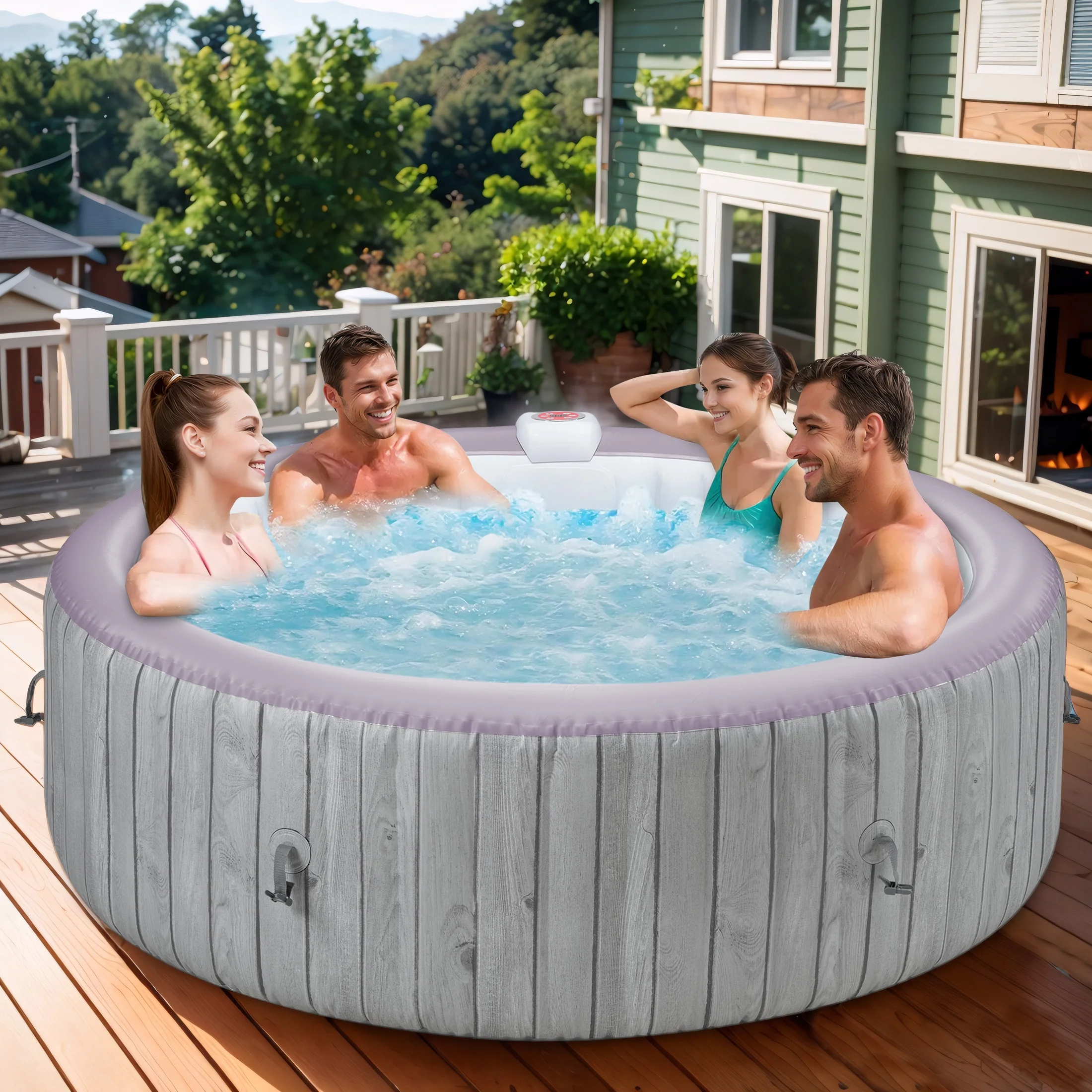 Round Hot Tub Surround Furniture, Spa Surround Outdoor Rattan Sectional Sofa Set with Mini Sofa, Solid Acacia Wood Hot Tub Storage Surround Patio Furniture Set, Gray Cushion - Image 16