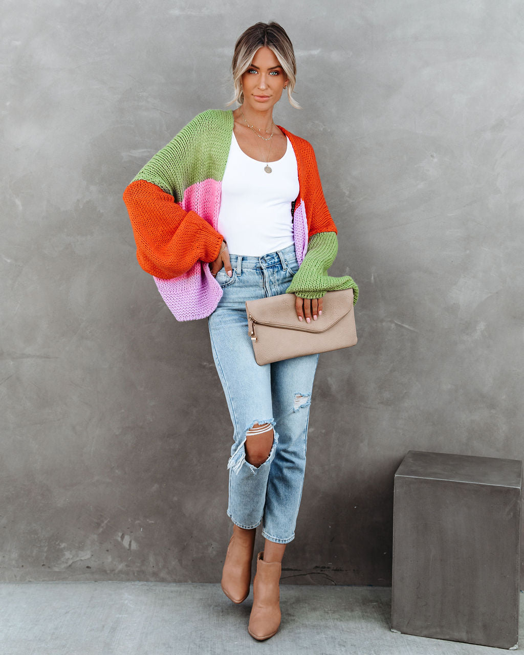 Spiced Pumpkin Colorblock Knit Cardigan - Orange Multi - Se7enfashion