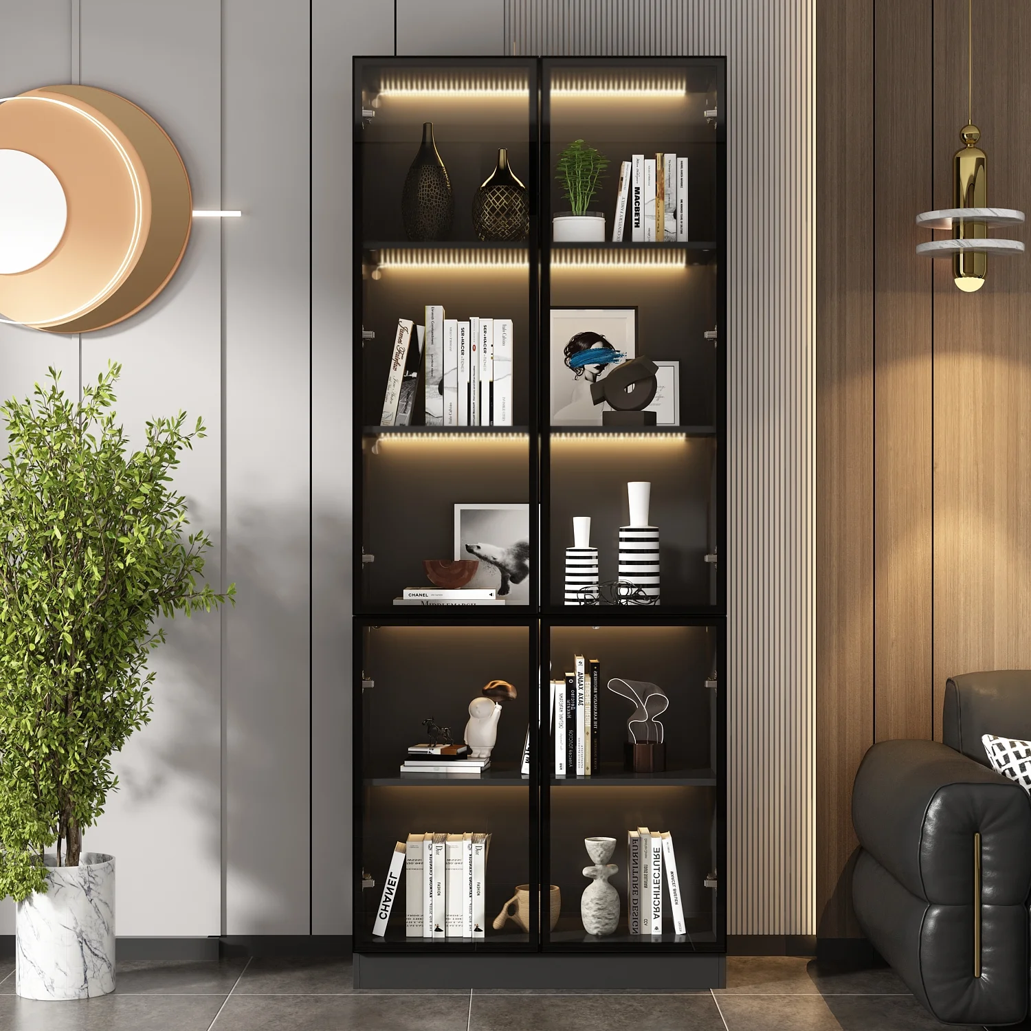 KULAGAGA Bookcases Organizer with LED Lights, Heavy Duty Display Cabinet with Glass Door for Living Room, 31.5" Wide - Image 2