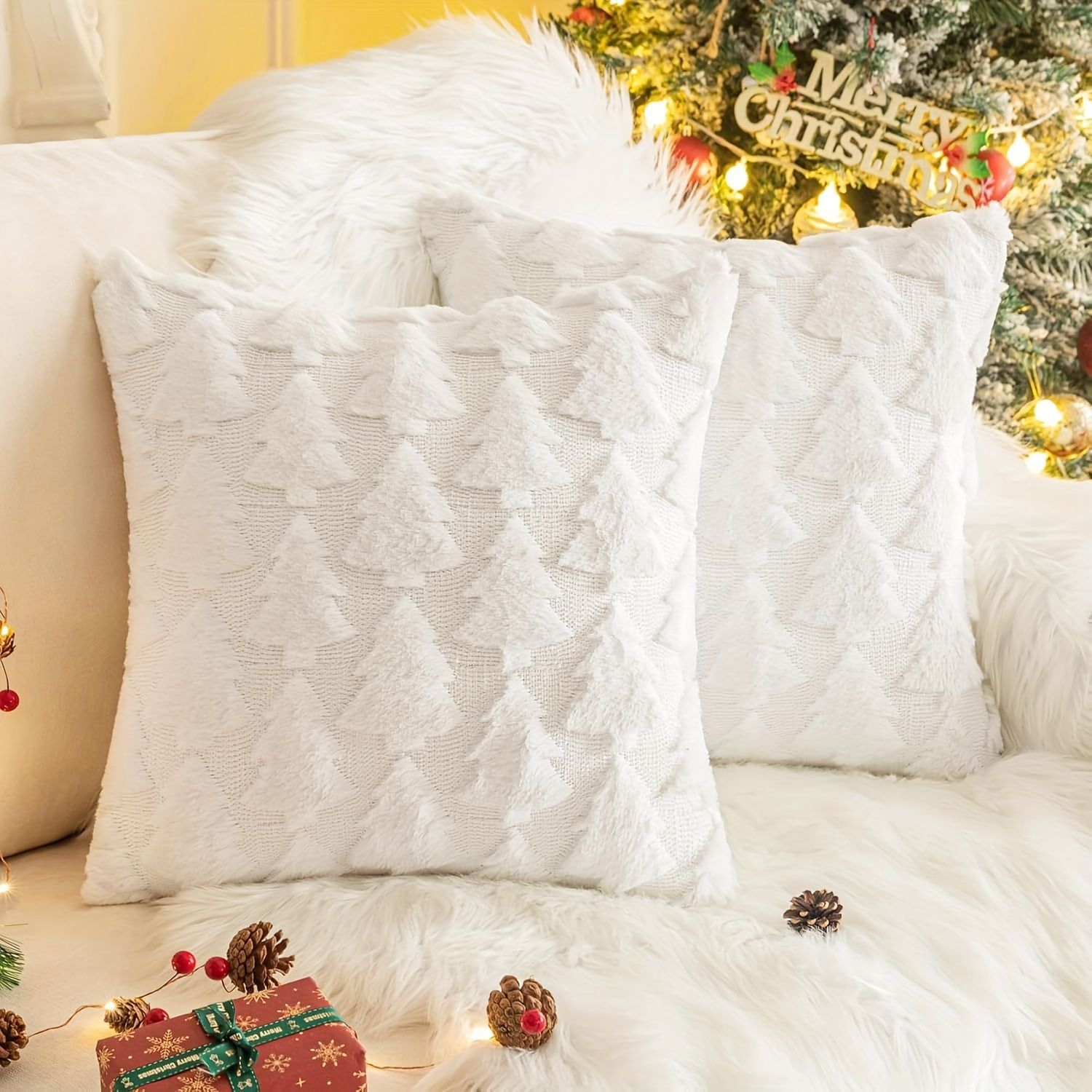 Christmas 4Pcs Throw Pillow Covers Polyester Linen Texture Snowman Buffalo Plaid Printed Square Decor Cushion Covers