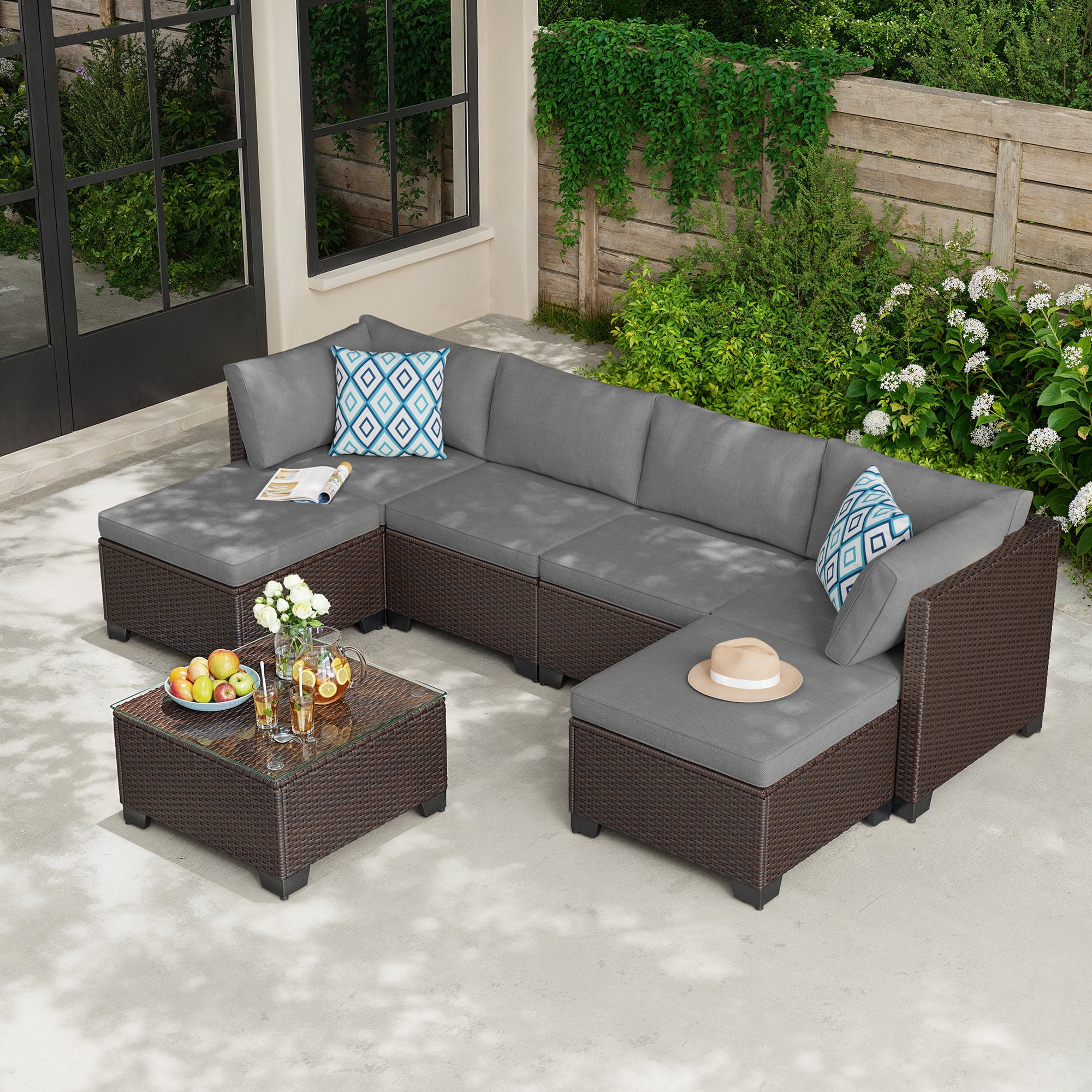 Aiho 7-Piece Rattan Patio Furniture Set , Outdoor Sectional Furniture Set for Patio, Garden, Backyard, Grey - Image 34