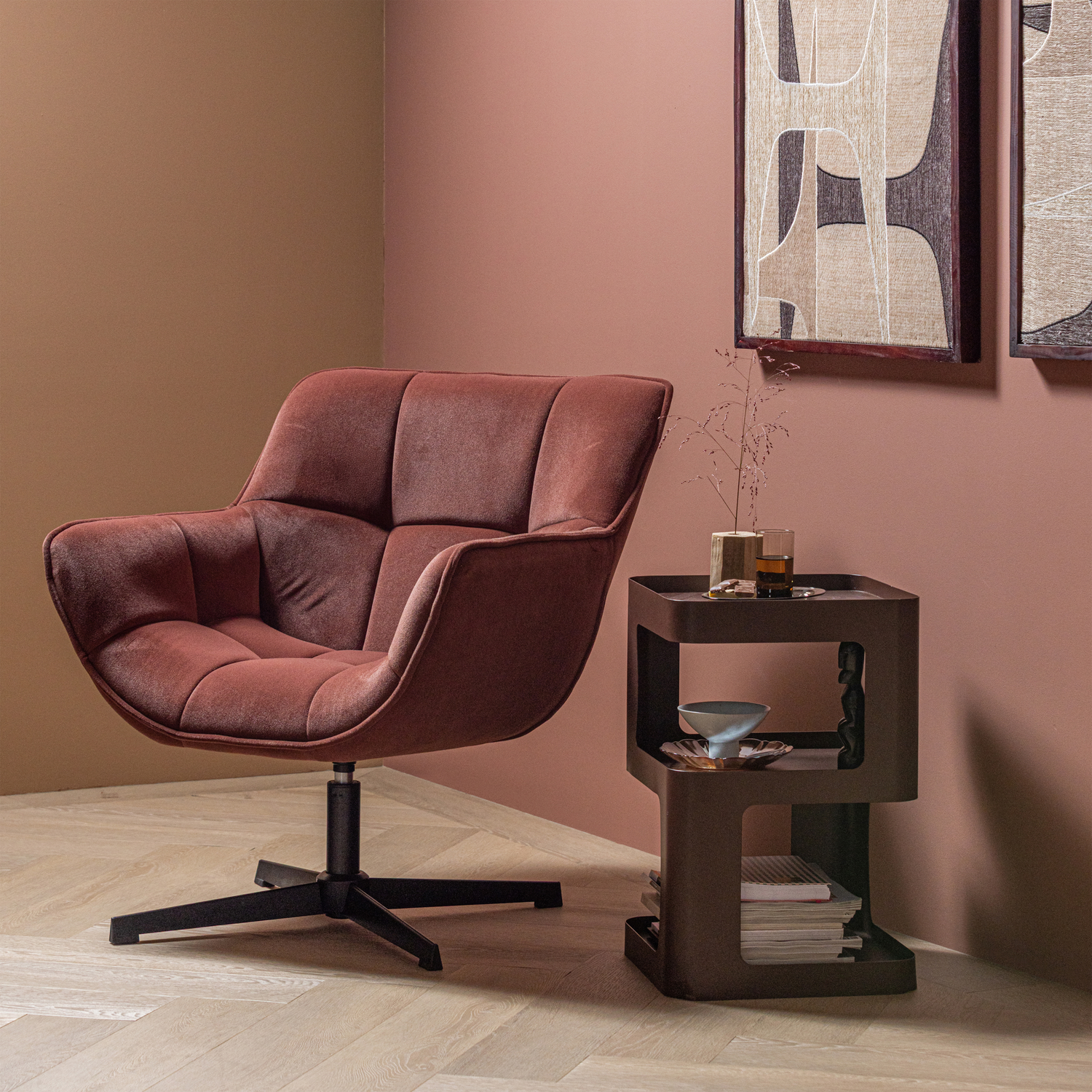 WOOOD Wibo Draaifauteuil - Velvet - Mat Bruinrood - 94x71x83