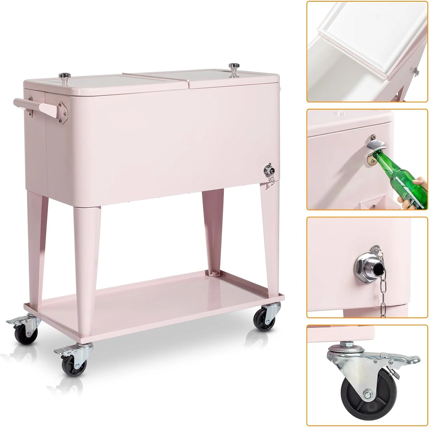 80 Quart Rolling Ice Chest, Portable Bar Drink Cooler with Catch Basin, Bottom Storage Tray and Bottle Opener for Patio Party BBQ Beach Activities - Image 7