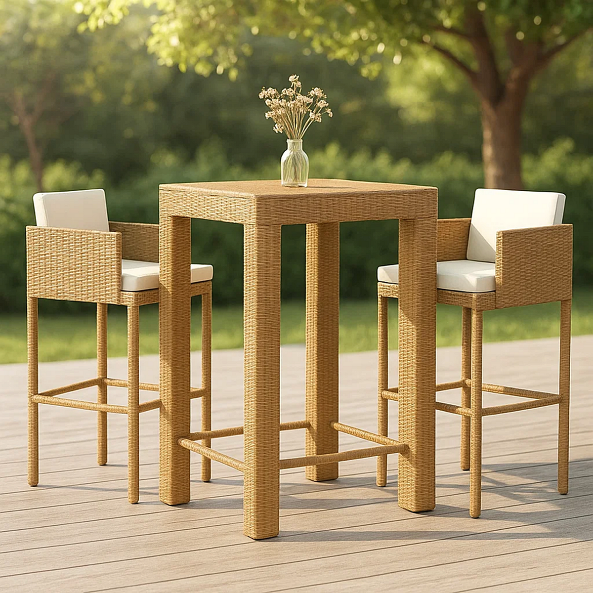 Conjunto de bar para jardín 3 pzas ratán sintético beige claro con cojines – mesa alta y 2 taburetes