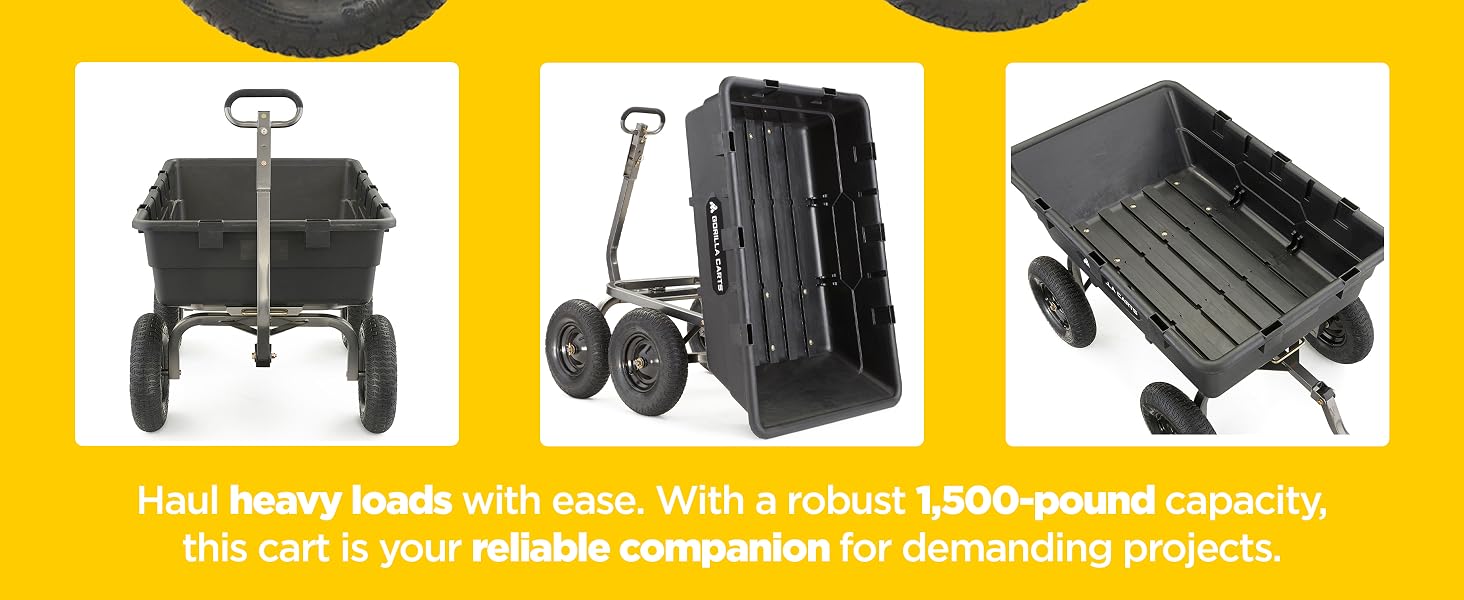 Heavy-Duty Yard Cart 1500lb Capacity Rust-Resistant Poly Bed 16" Pneumatic Tires