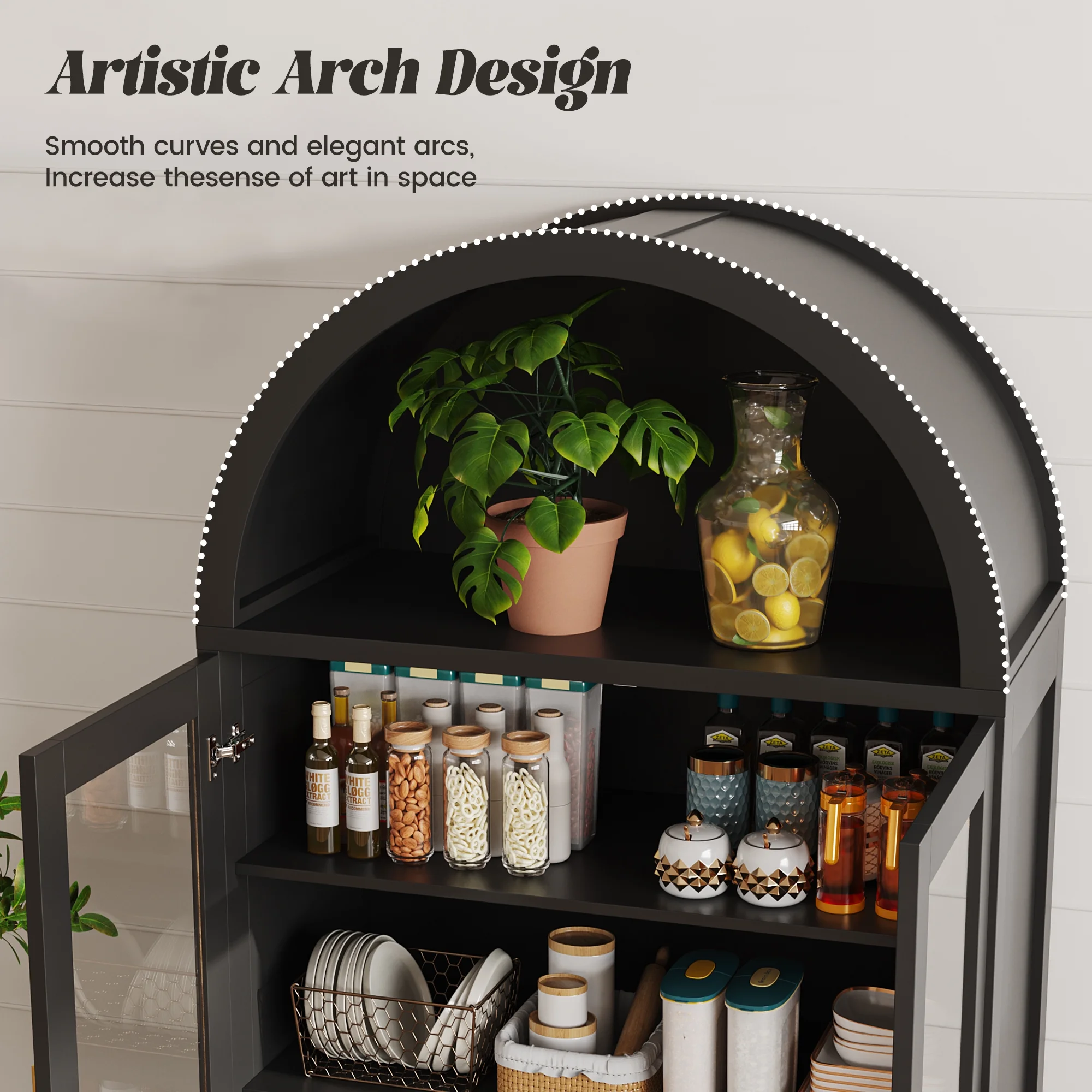 VEANERWOOD 71" Tall Arch Cabinet, Wood Fluted Kitchen Kitchen Storage Cabinet with 4 Doors and 6 Shelves for Dining Room Living Room - Image 6