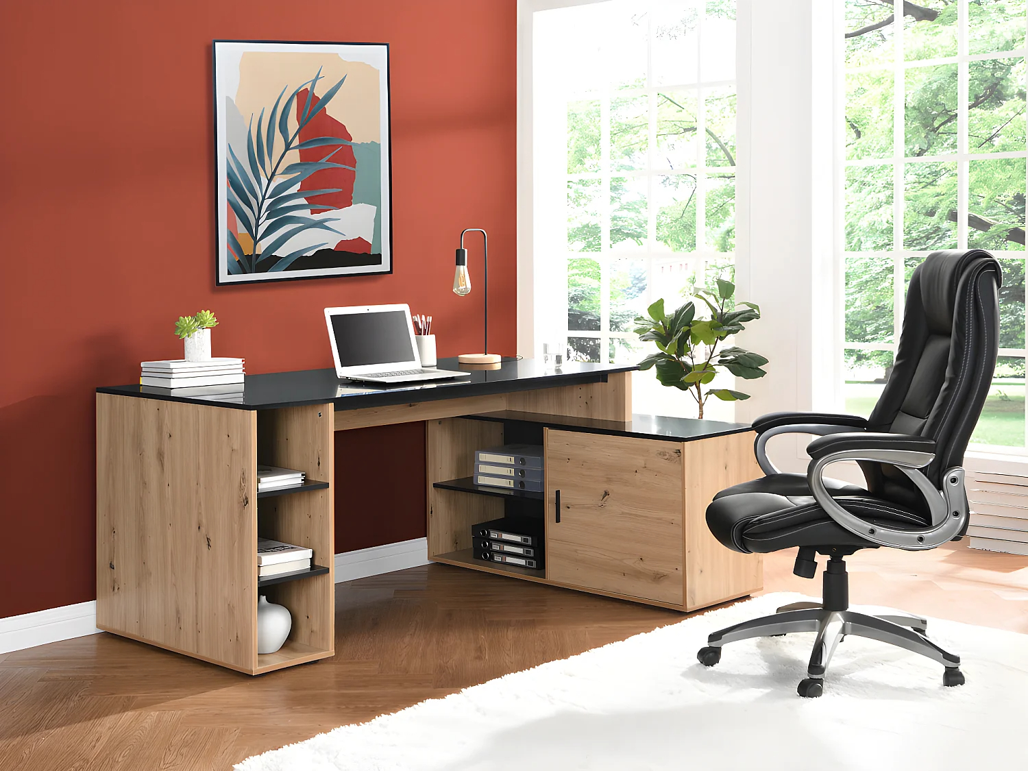 Escritorio rinconera con compartimentos - MDF - Natural y negro - ROMIARA