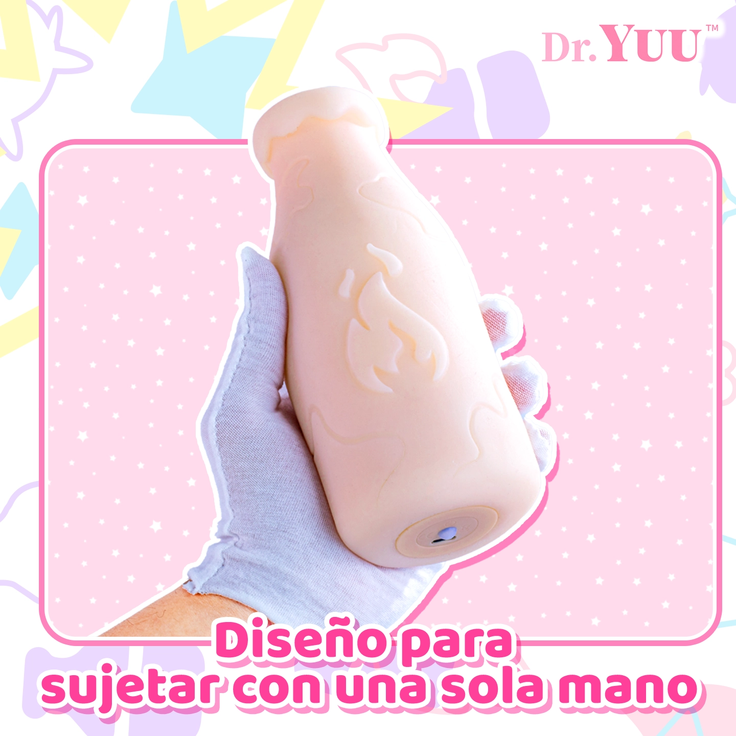 Masturbador calefactable Dr.YUU con diseño compacto y cuerpo ergonómico para sujetarlo cómodamente con una sola mano.