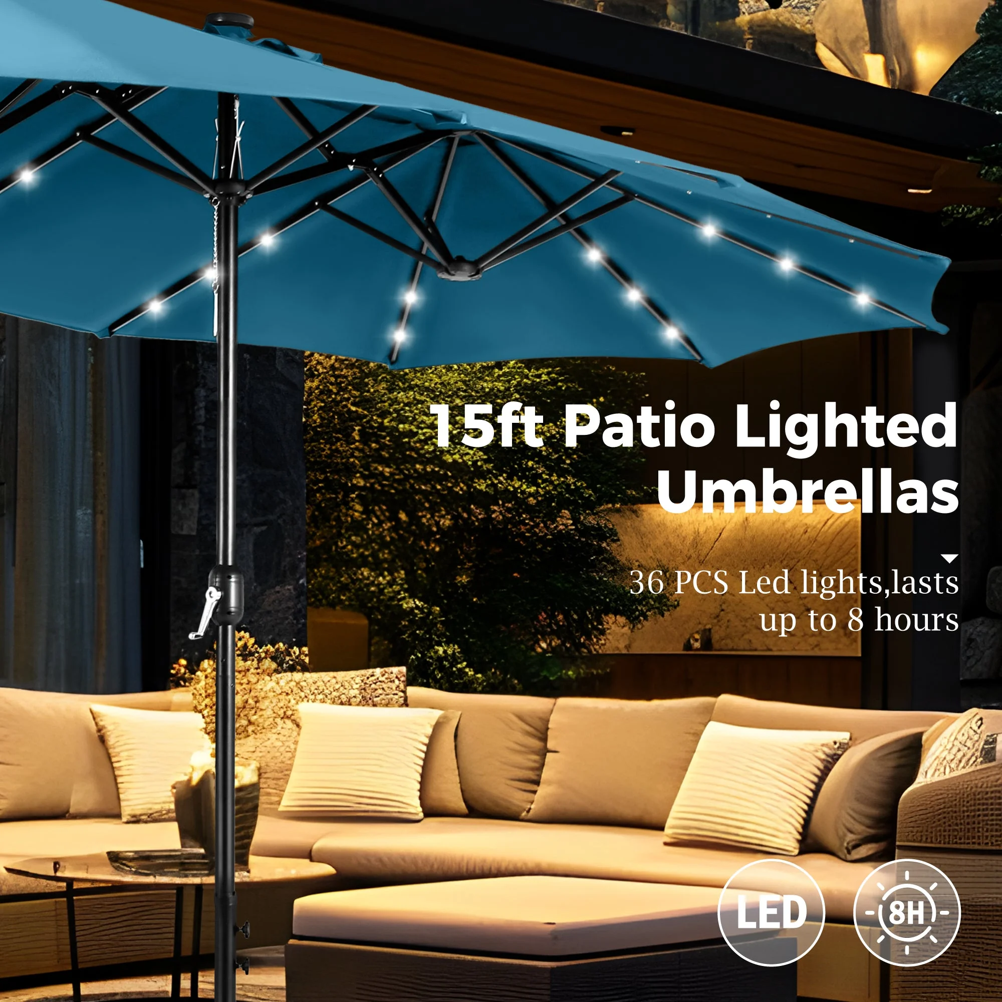 Alpha Joy 15ft Extra Large Outdoor Patio Double-Sided Umbrella with LED Solar Lights & Umbrella Base, Beige - Image 46