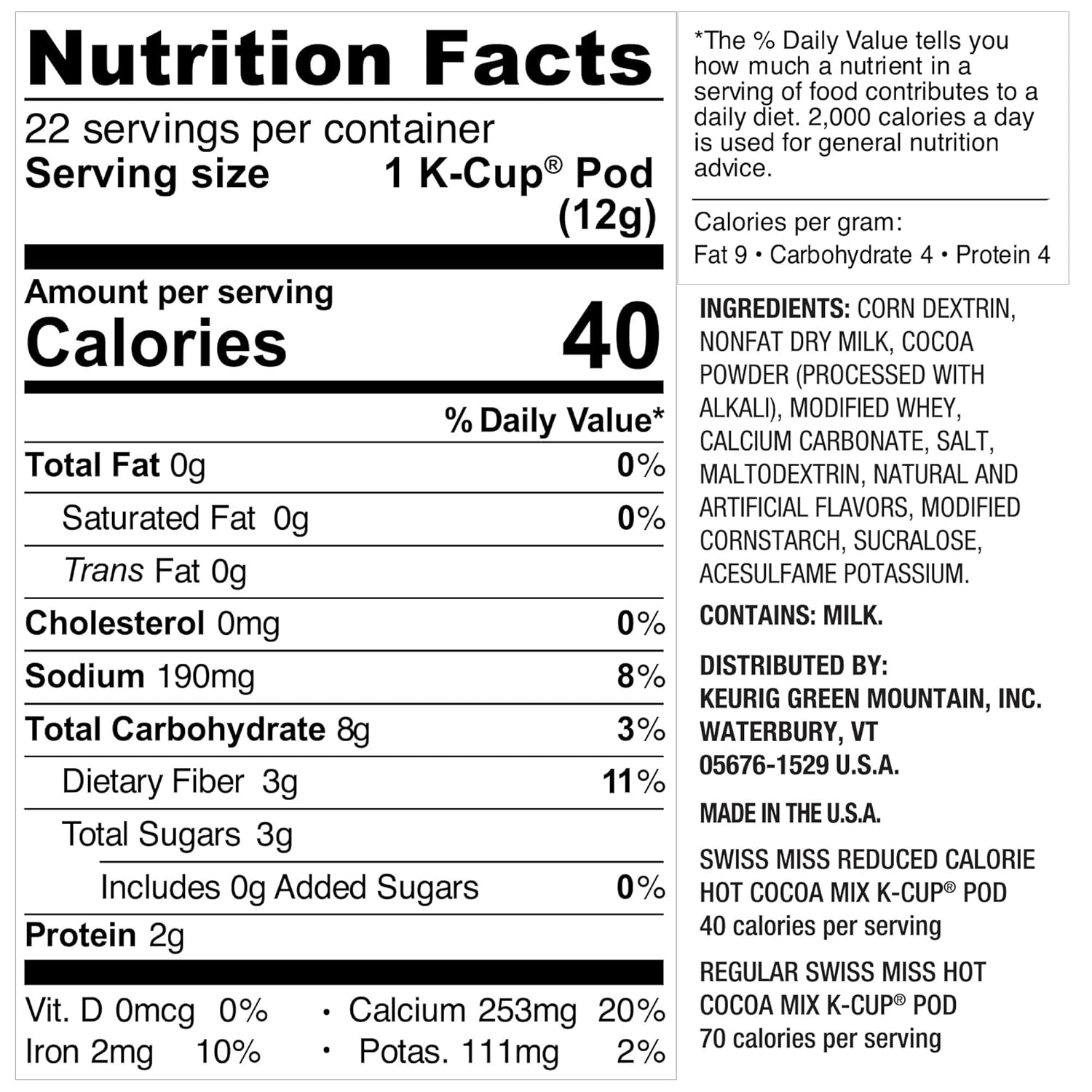 Swiss Miss Reduced Calorie Hot Cocoa. Keurig Single Serve K-Cup Pods. 88 Count (4 Packs of 22)