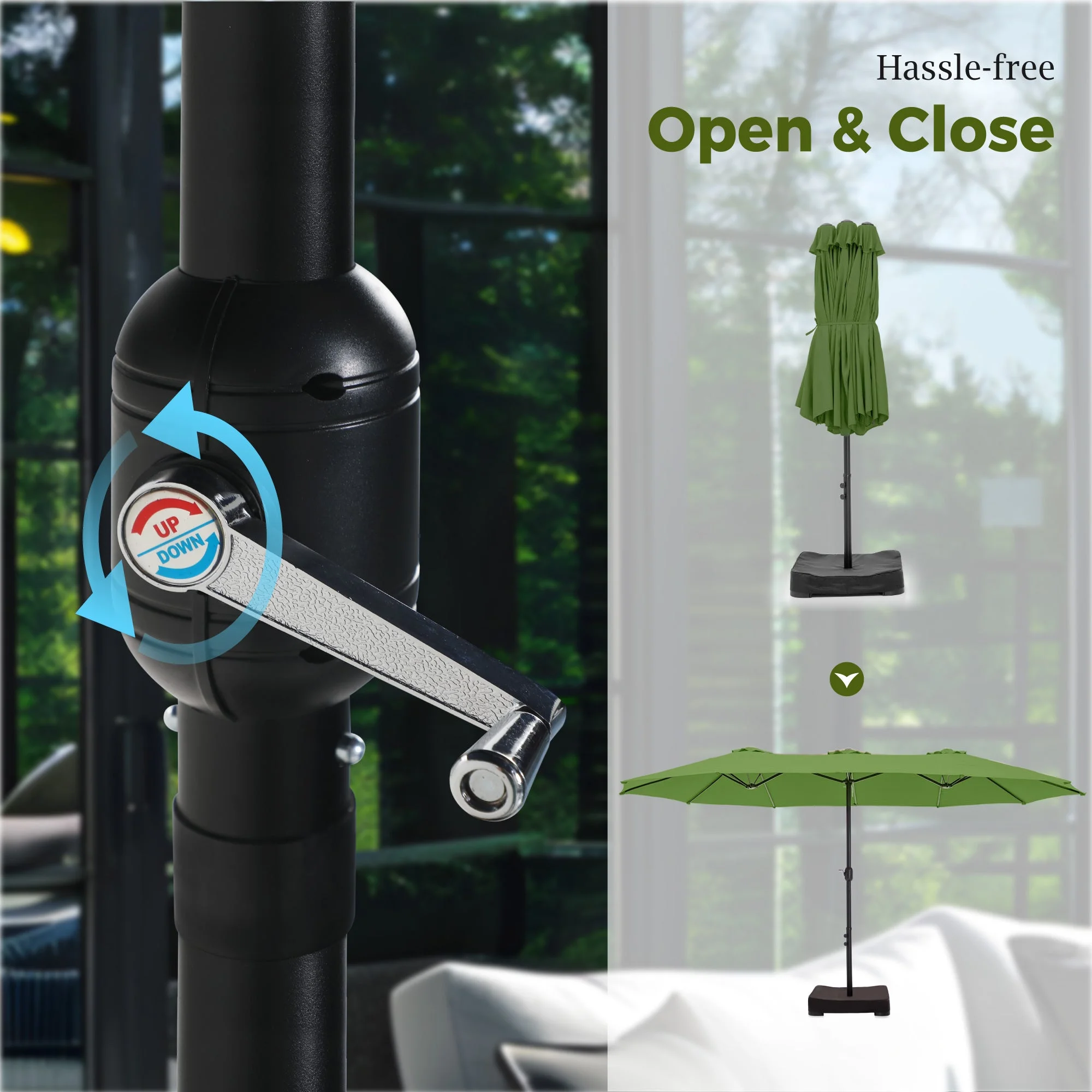 Alpha Joy 15ft Outdoor Patio Umbrella Extra-Large Double-Sided Garden Umbrella with Crank Handle and Base - Smoky Gray - Image 39