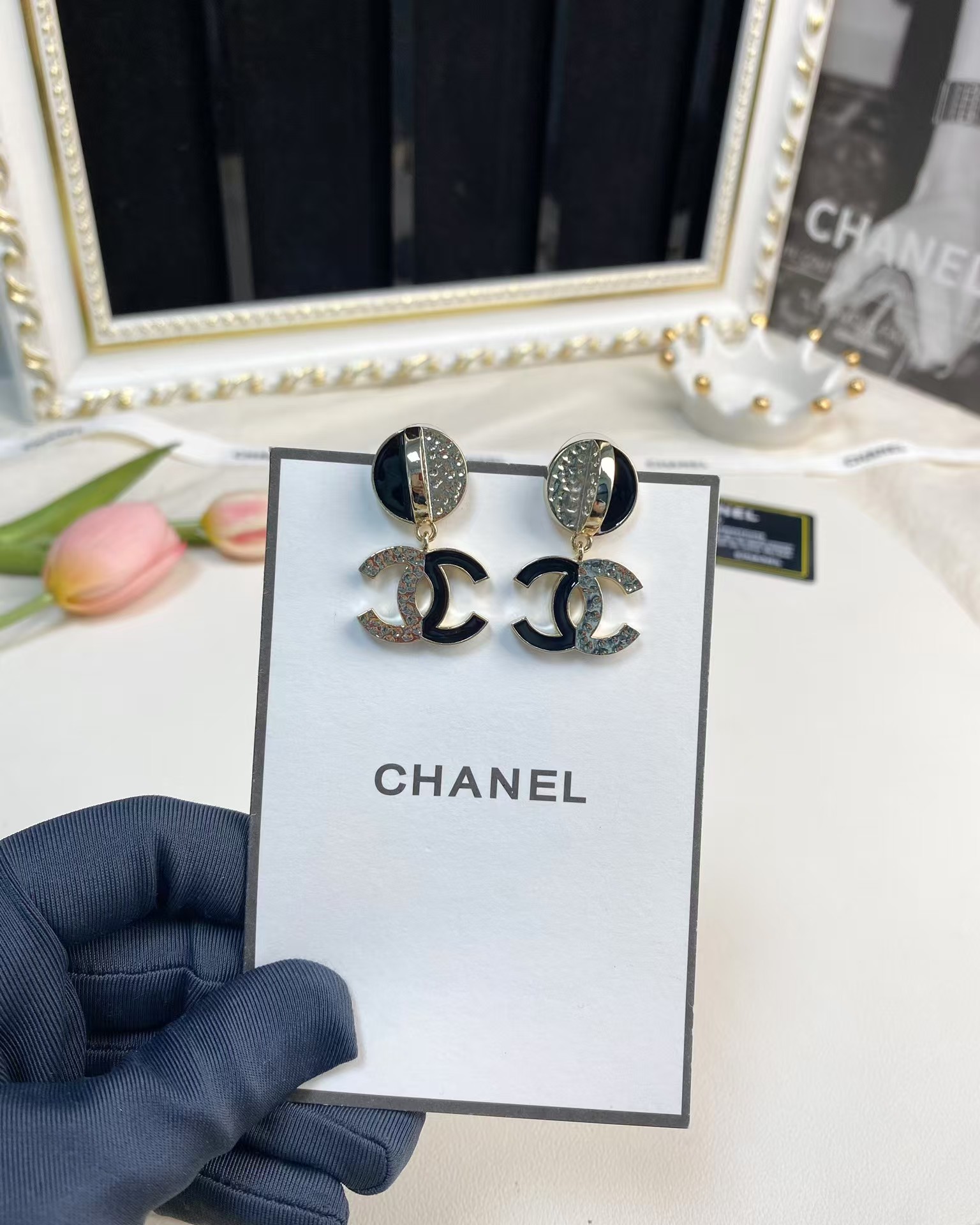 Chanel Half Black Enamel Double C Dangle Earrings - Original Replica Club