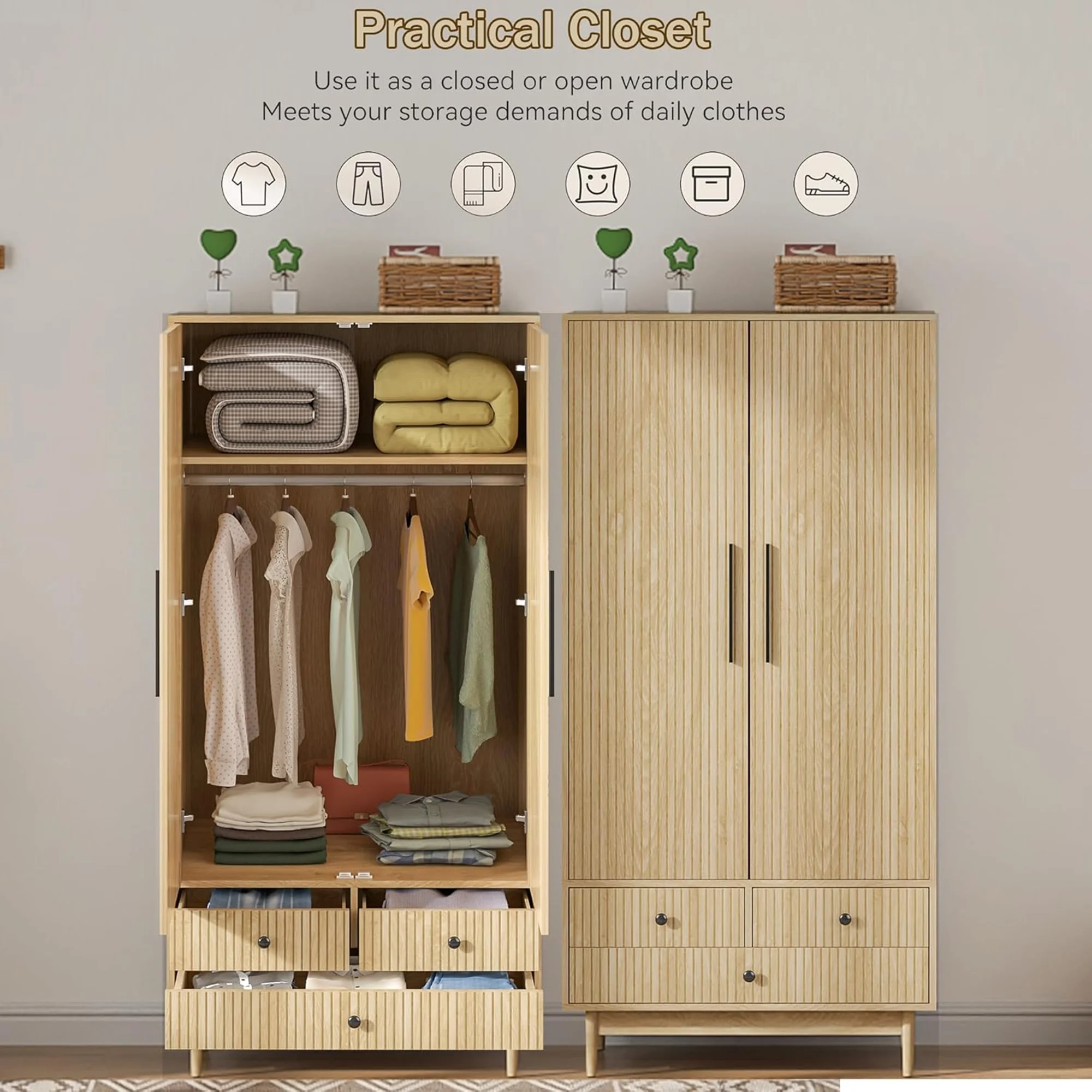 Oubayajia Wardrobe Armoire Closet, 2 Fluted Doors Wardrobe Cabinet with 3-Drawer and Hanging Rod, Wood Wardrobe Storage for Bedroom - Image 6