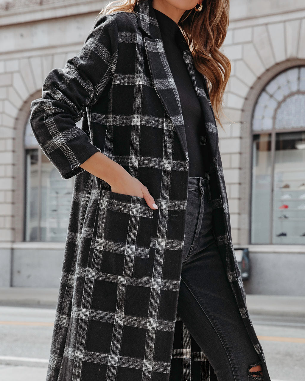 Francesca Plaid Pocketed Coat - Black - Se7enfashion