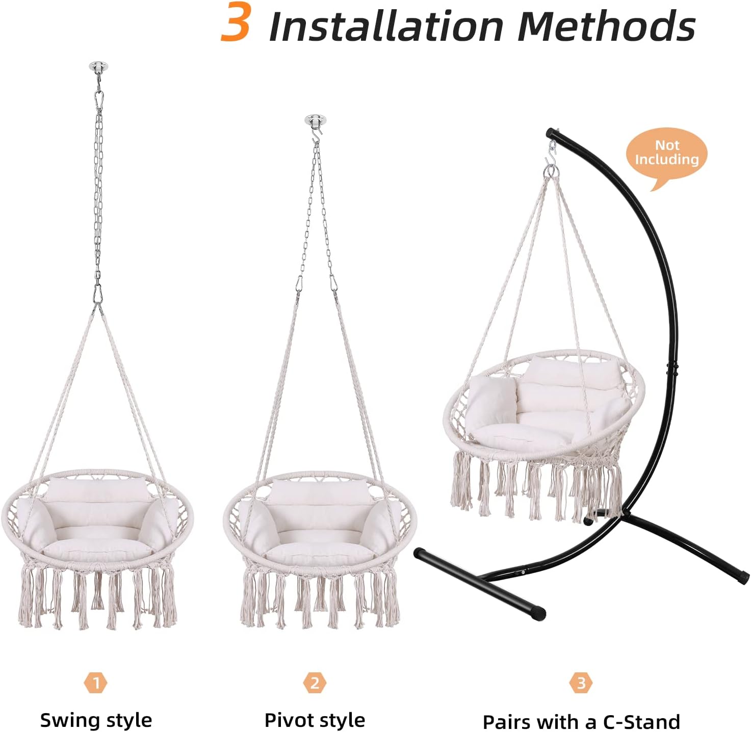 Hammock Chair Macrame Hanging Swing Chairs with Cushion and Hardware Kit Set Ceiling Hook Braided Fringes Hanging Chair