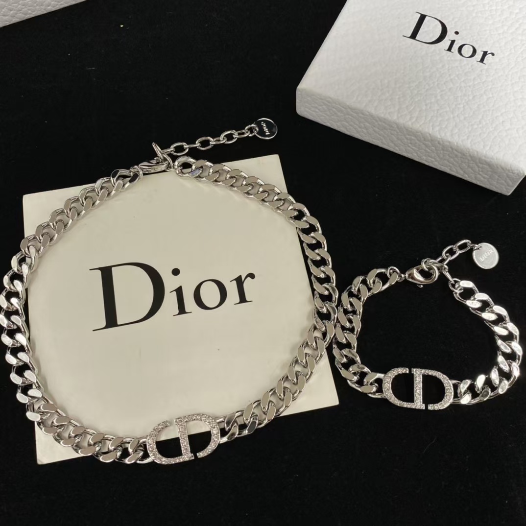 Dior Chunky Silver Cuban Chain CD Necklace Bracelet - Original Replica Club