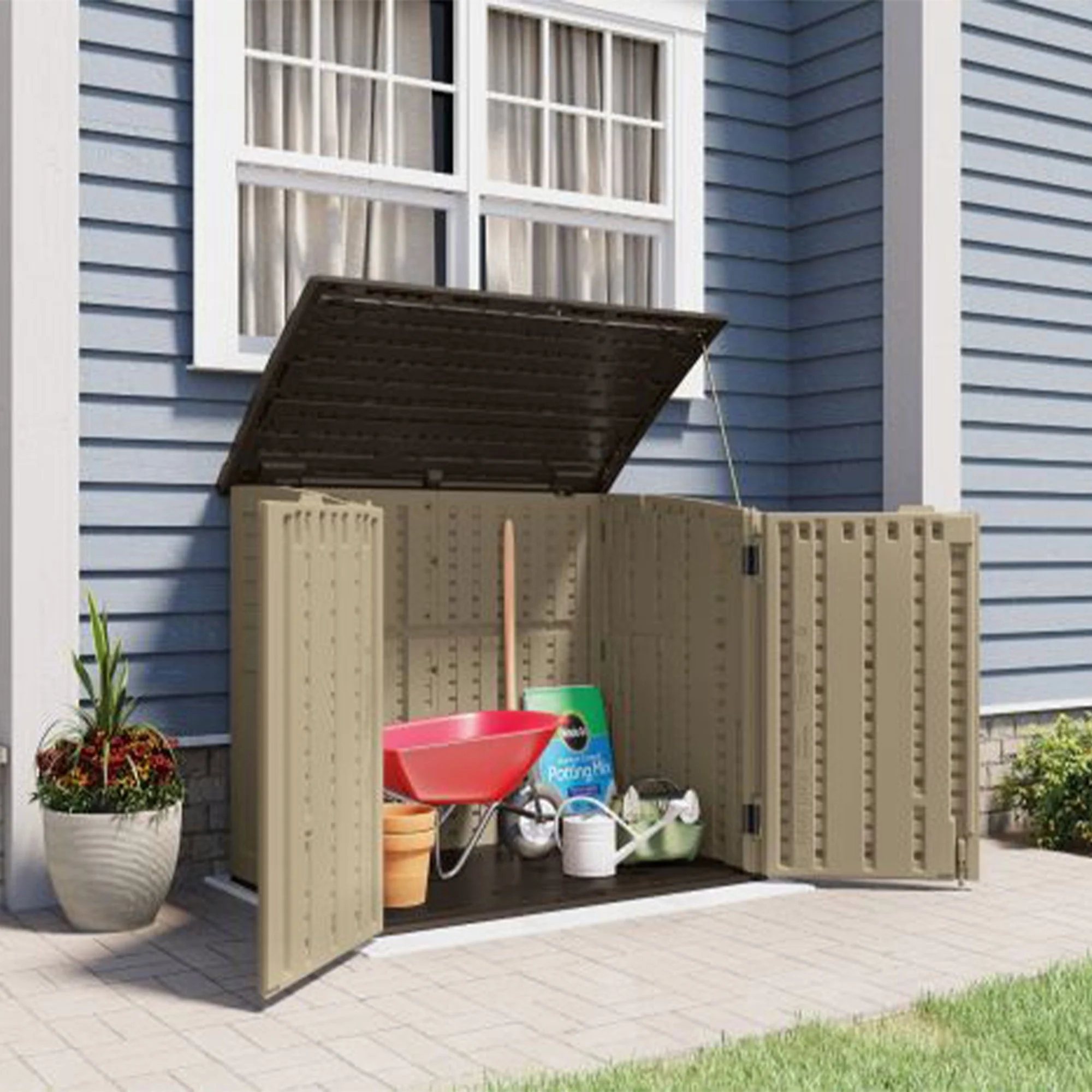 Suncast 34 Cubic ft Horizontal Compact Outdoor Storage Shed, Sand - Image 9