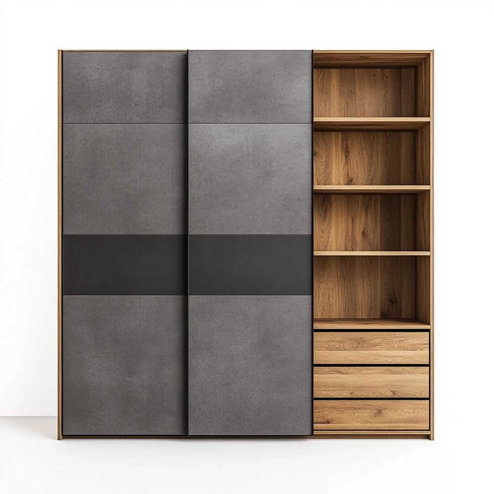 Armario de Dormitorio con Puertas Correderas Estantes y Cajones 200x220x60cm Gris Madera Roble