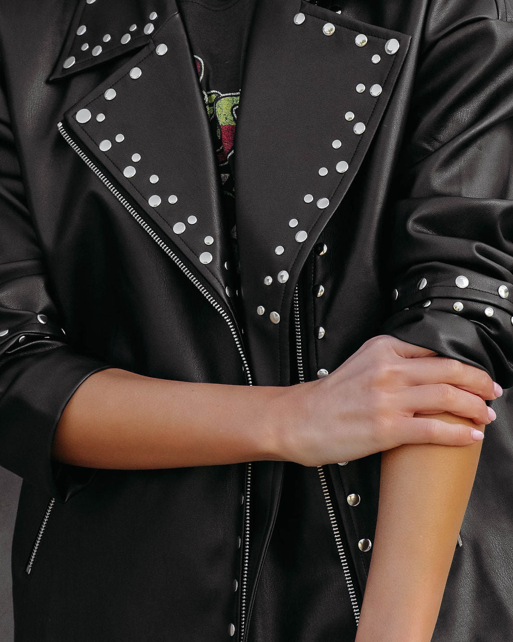 Davidson Faux Leather Pocketed Studded Jacket - Black - Se7enfashion