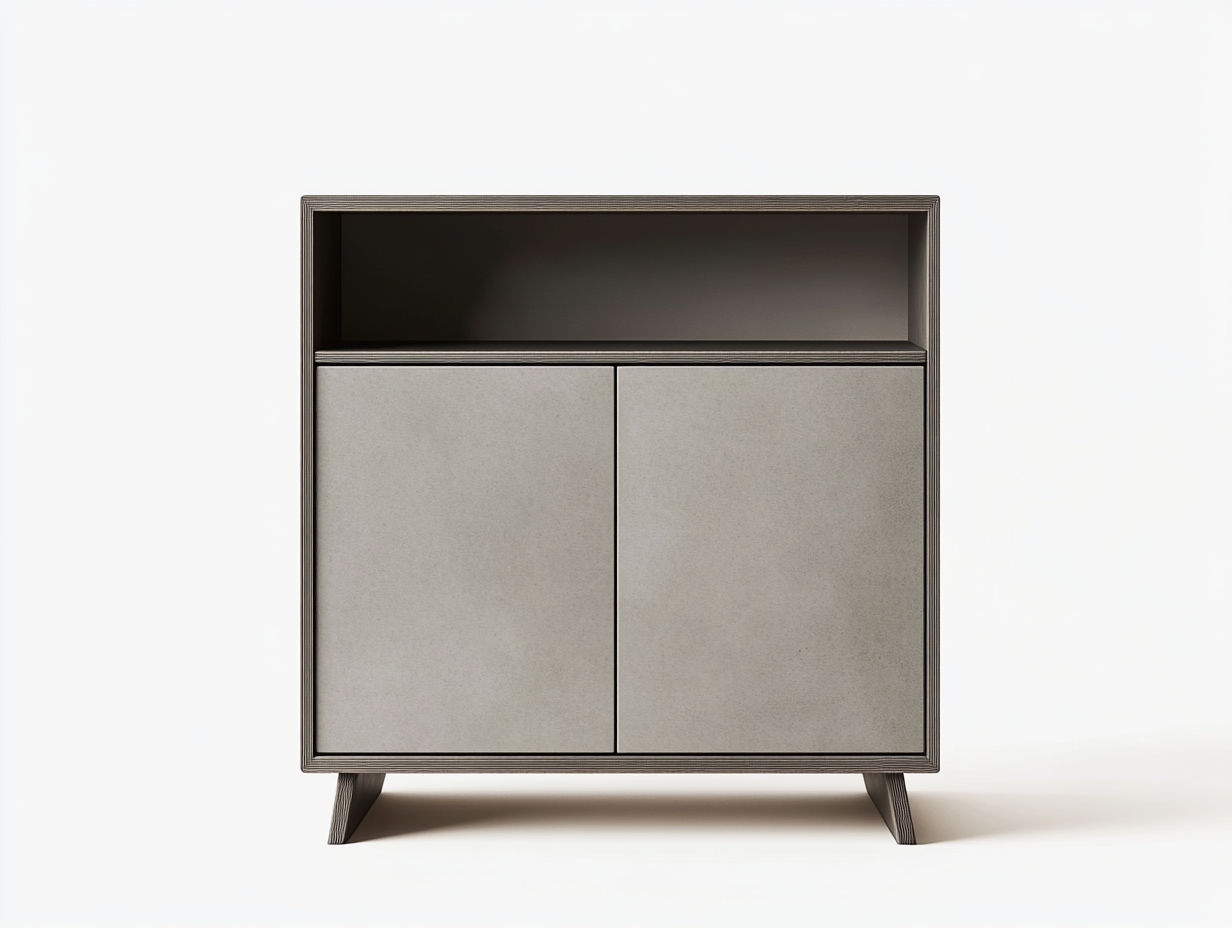 Armario gris con dos puertas y un estante superior abierto, color gris, función de ensamblaje, madera MDF y metal, tamaño: 80x40x95 cm, adecuado para salón, dormitorio o estudio