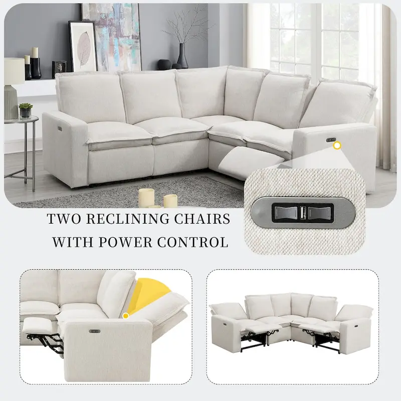 Linen Upholstered Power Recliner L-Shaped Sectional Sofa with USB Port - Soft Home Theater Seating for Living Room