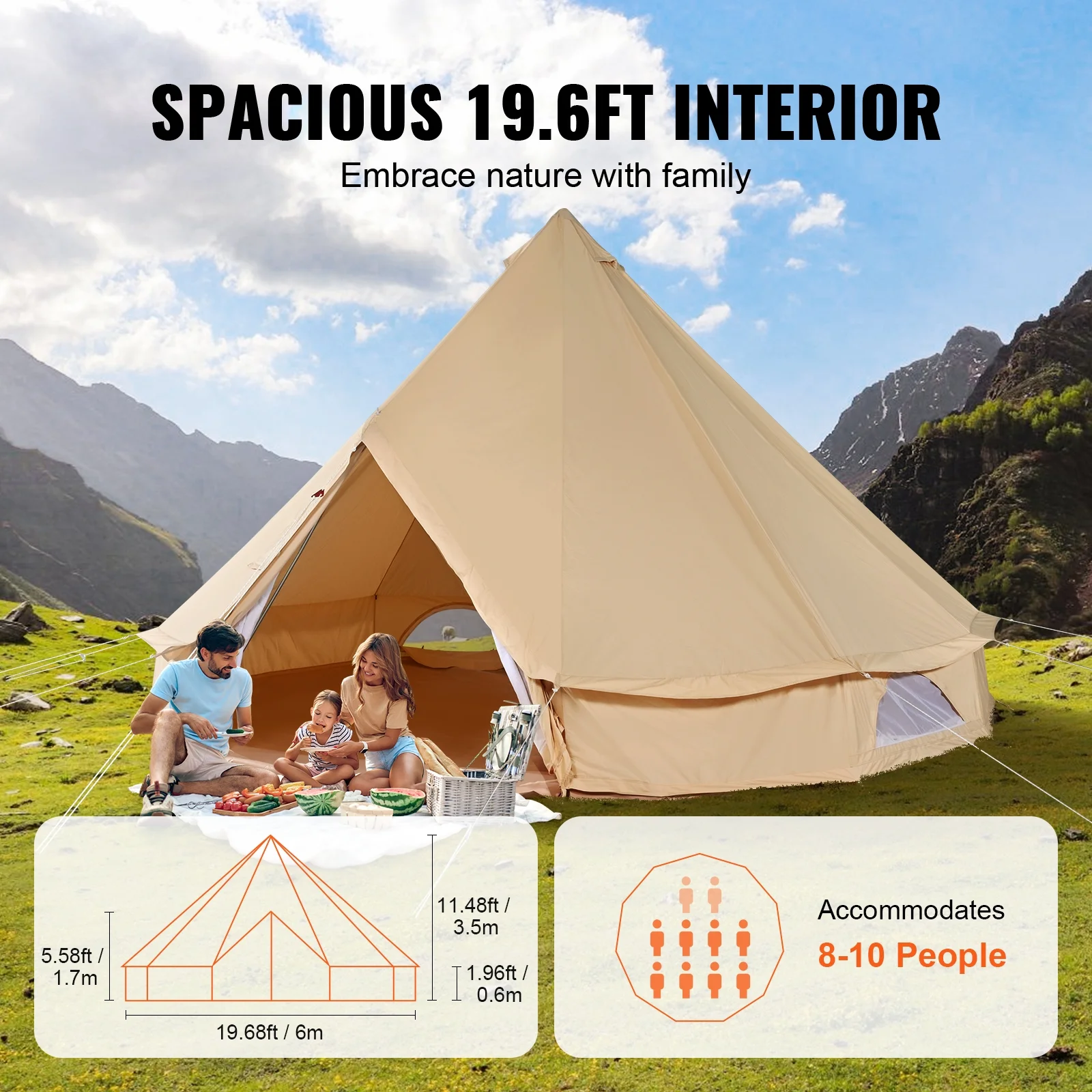 VEVOR Canvas Bell Tent, 4 Seasons 6 m/19.68 ft Yurt Tent, Canvas Tent for Camping with Stove Jack, Breathable Tent Holds up to 10 People, Family Camping Outdoor Hunting Party - Image 4