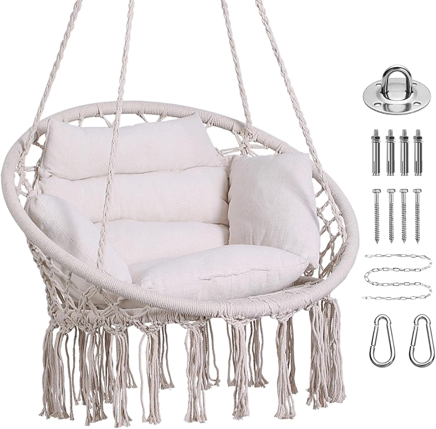 Hammock Chair Macrame Hanging Swing Chairs with Cushion and Hardware Kit Set Ceiling Hook Braided Fringes Hanging Chair