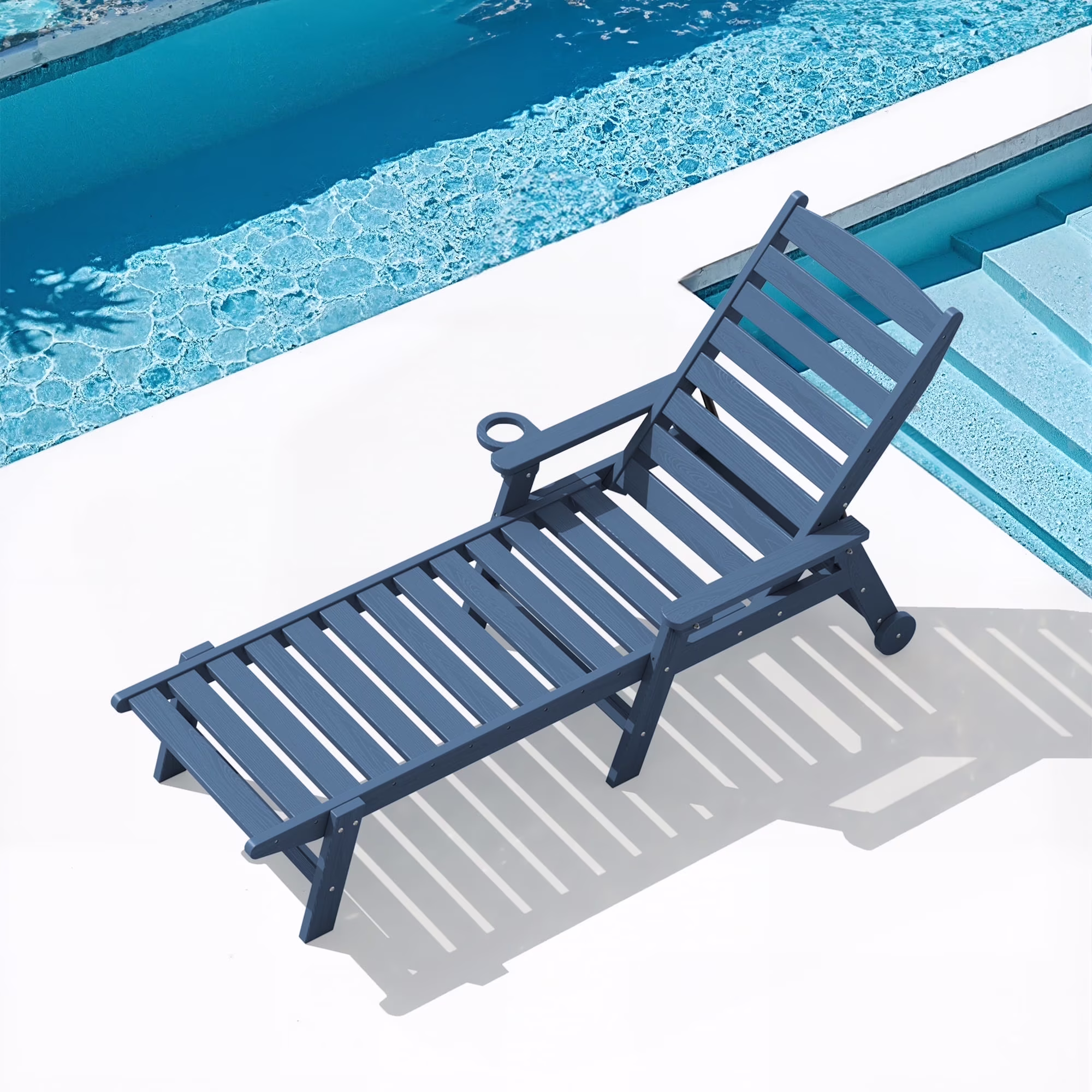 SERWALL Patio Chaise Lounge Chair, 78'' HDPE Outdoor Lounge Chair 5 Positions Pool Lounger Navy Blue