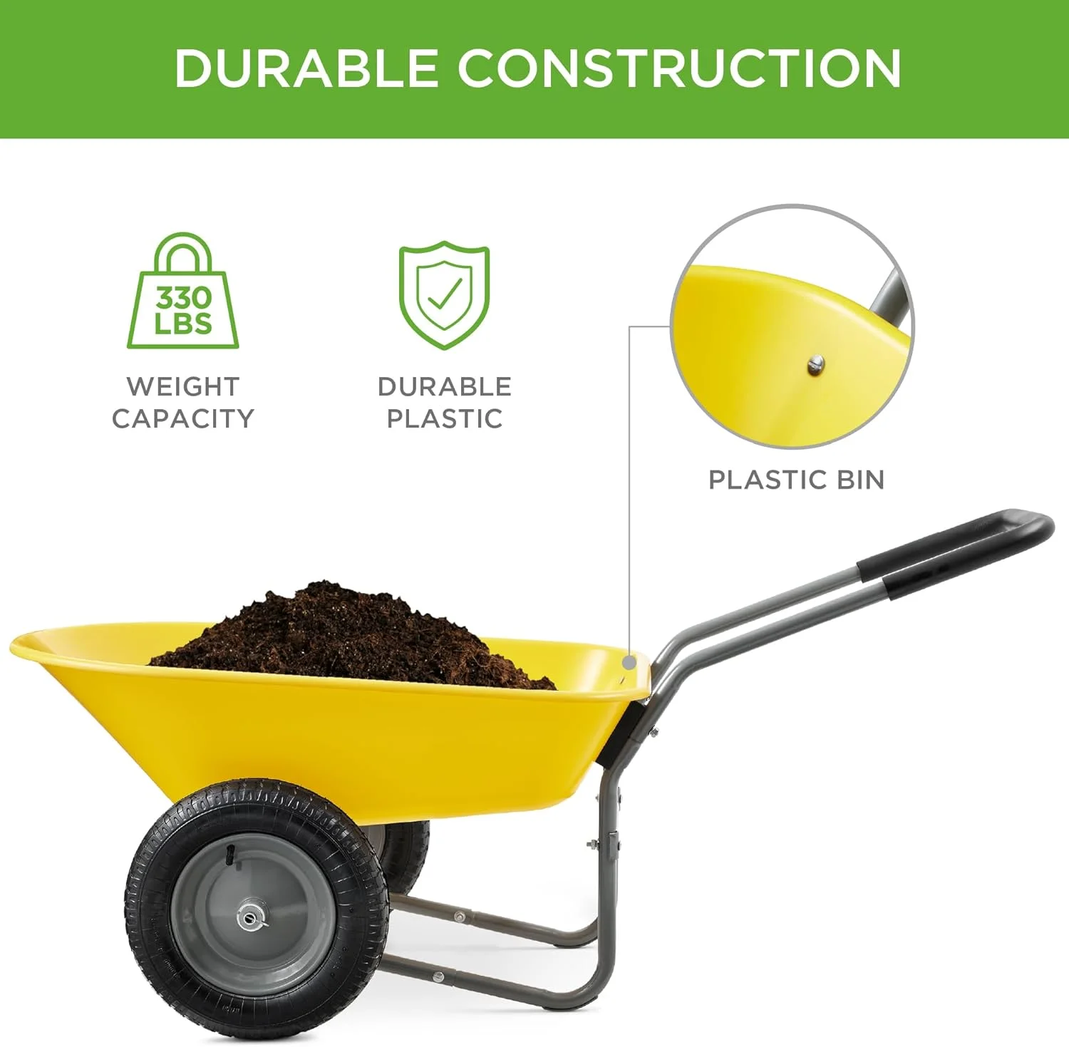 ZMMOO Dual-Wheel Home Utility Yard Wheelbarrow Garden Cart w/Built-in Stand for Lawn, Gardening, Construction - Red - Image 14