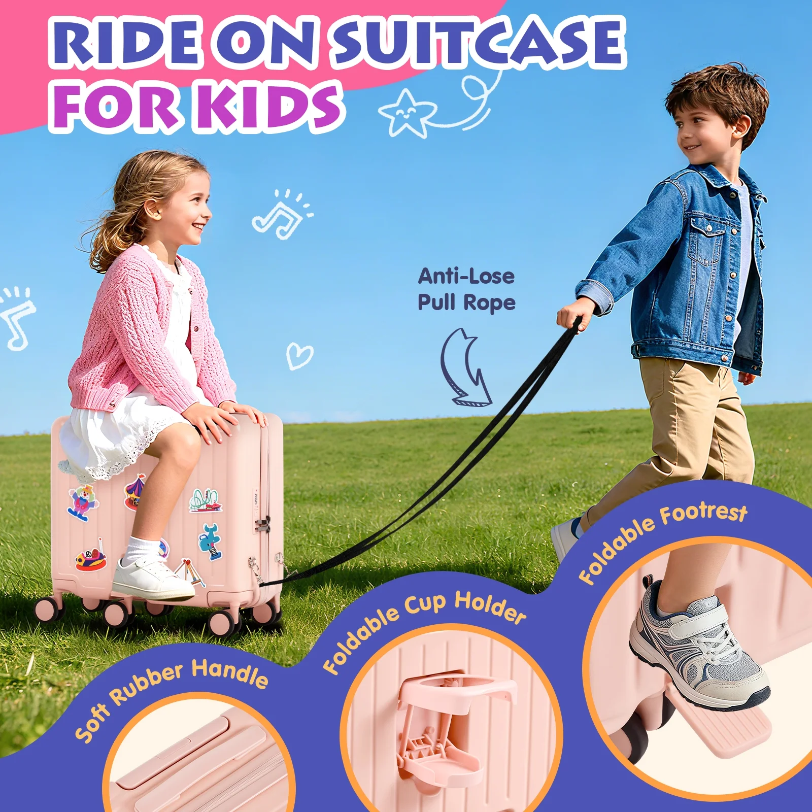 Advwin Ride-On Kids Luggage with Pull Strap, Footrests, Cup Holder, 6 Wheels & Adjustable Handle, 18-Inch Spinner Suitcase with Stickers & Boarding Pass, Pink - Image 6