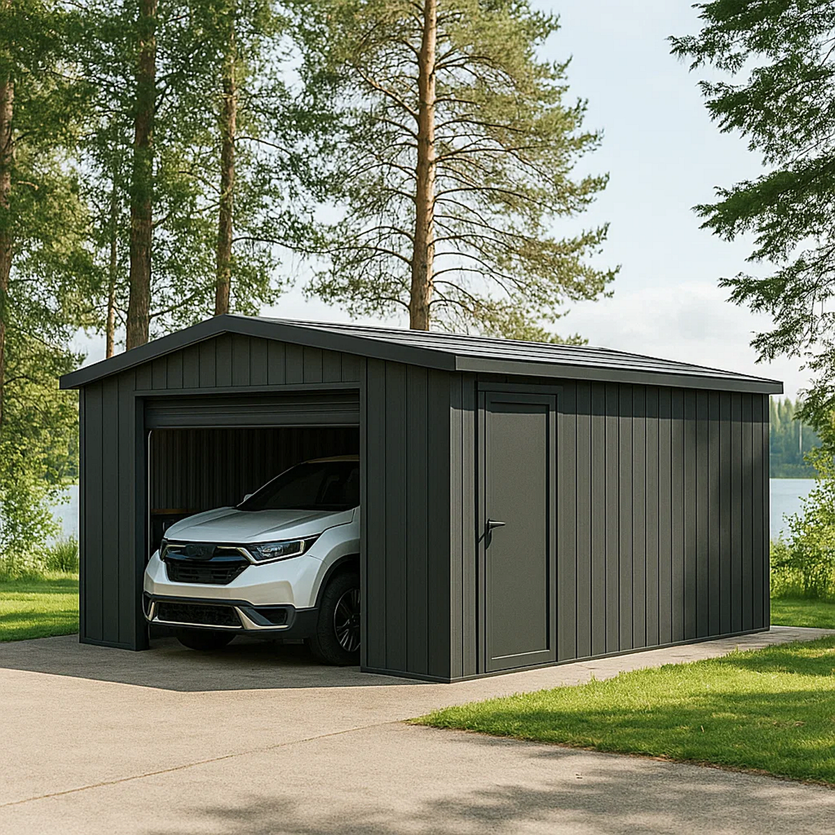 Garaje en metal con tejado inclinado, puerta enrollable y acceso lateral – 6 x 3,5 x 2,4 m
