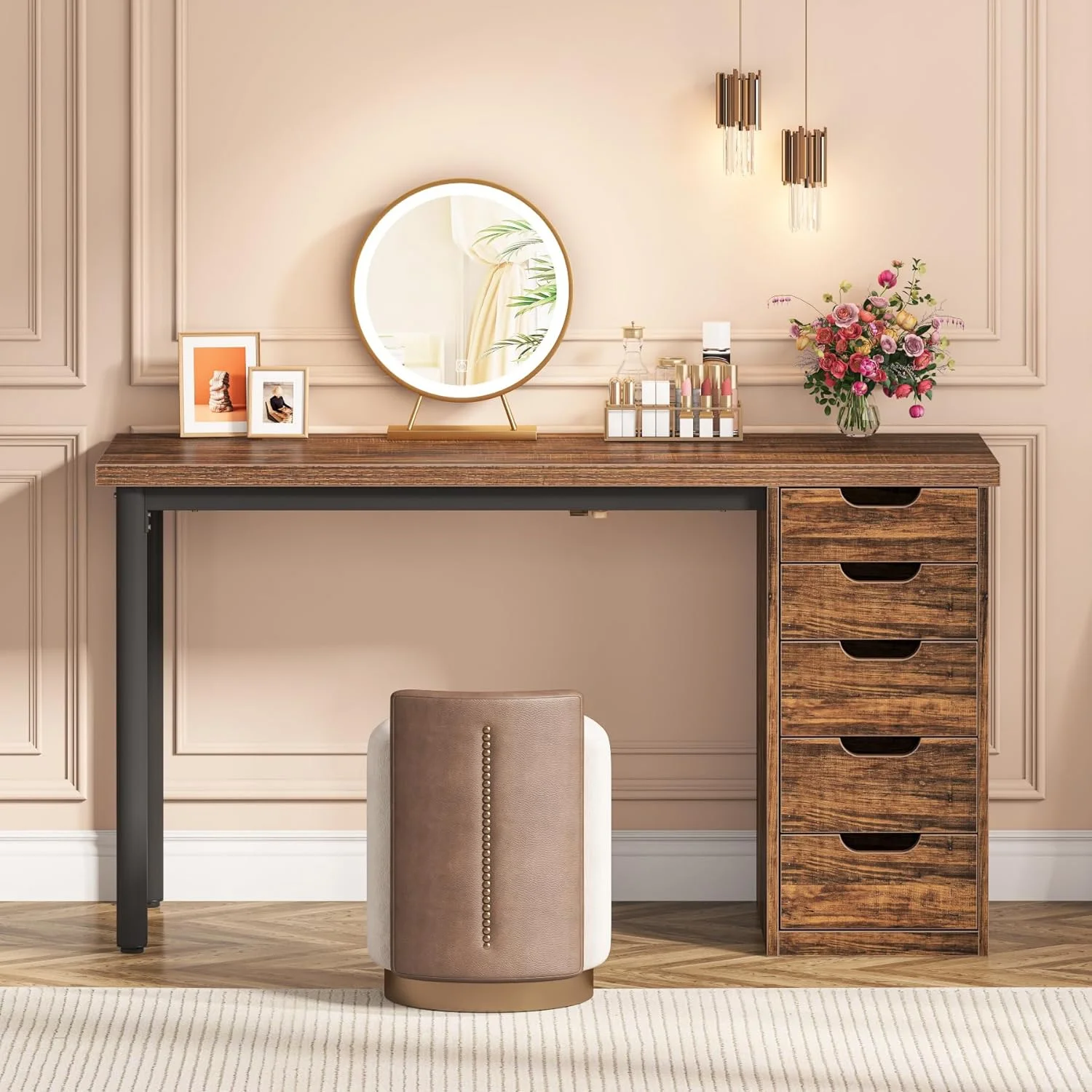 Tribesigns 47 inches Vanity Desk with 5 Drawers, Rustic Makeup Dressing Table with Storage, Modern Simple Computer Desk for Women, Girls (Brown) - Image 24