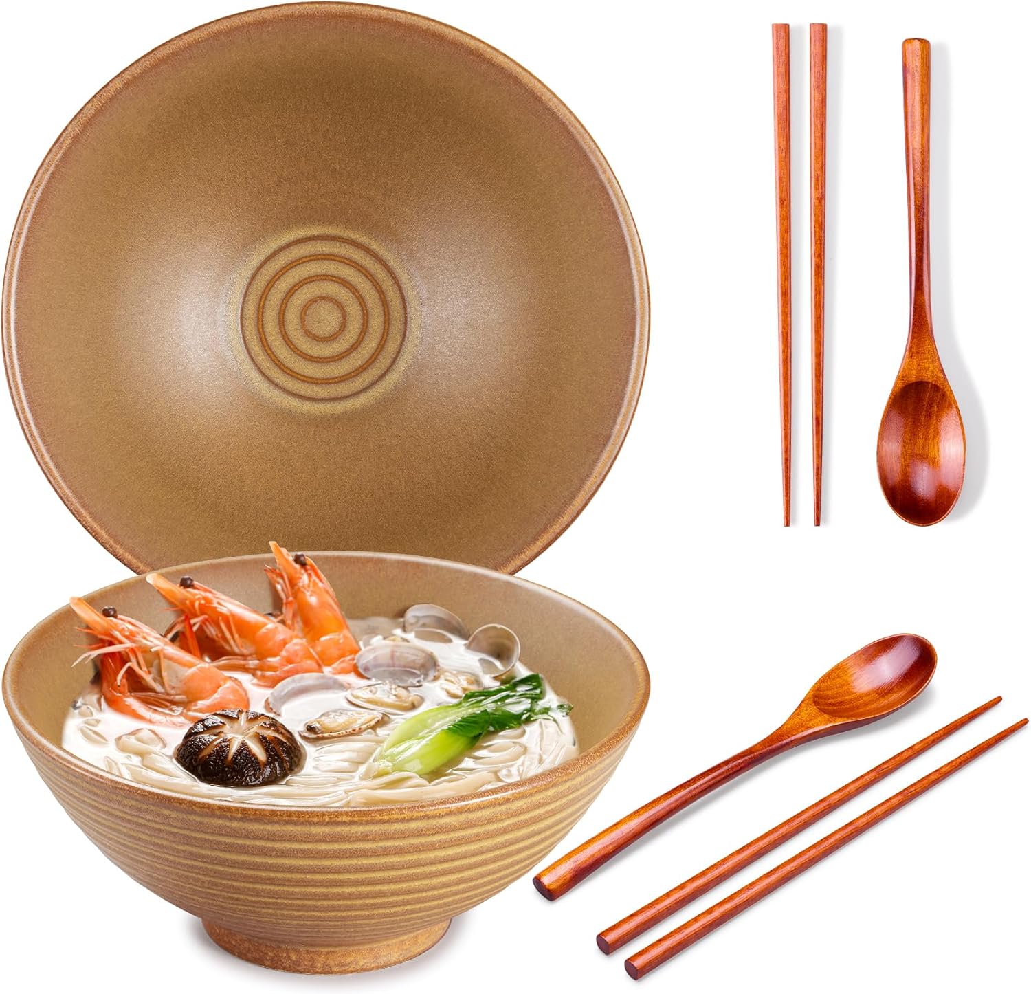 2x Ceramic Ramen Bowls - 40 oz - 20cm - With Spoon and Chopsticks for Ramen Soup Pho Udon Asian Noodles, Large Noodle Bowls (Brown glaze 2 sets)