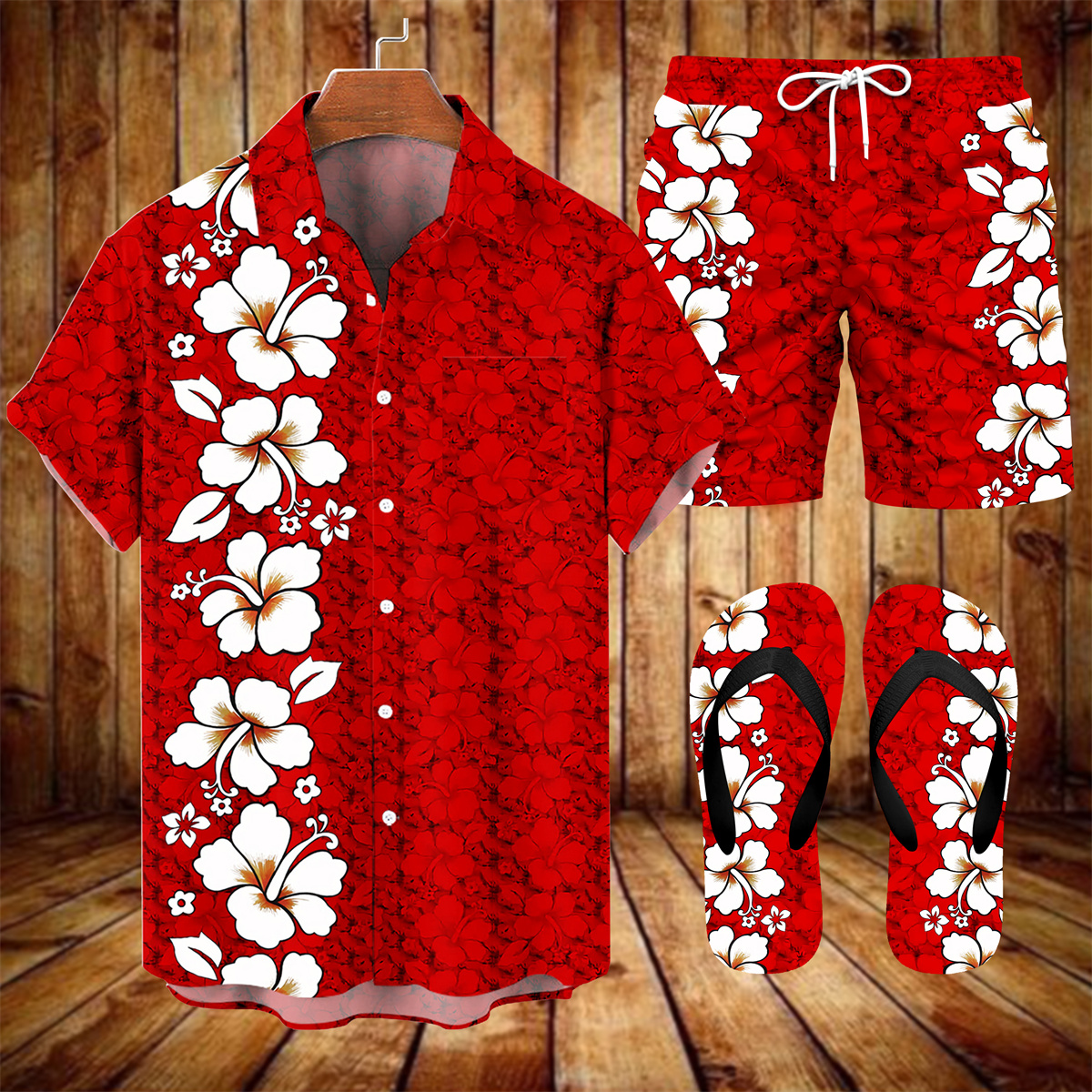 Suitmens Men's Men's Tiki Style Hawaiian Vacation Print Three-Piece Set 031