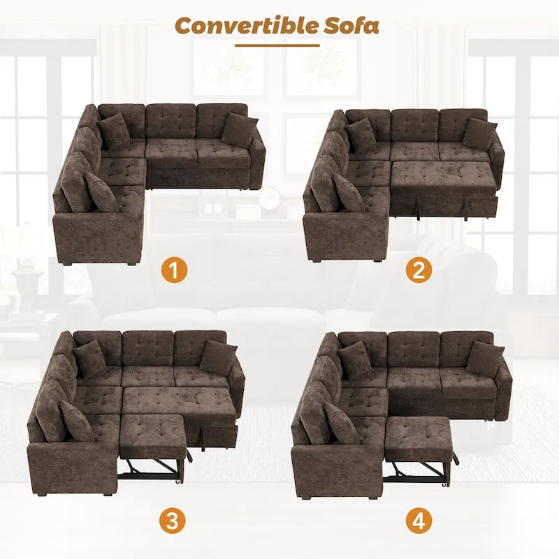 82.6-Inch L-Shaped Sleeper Sofa with Pull-Out Feature, Wheels, USB Ports, and Power Sockets - Dimensions: 82.6W x 82.6D x 33H