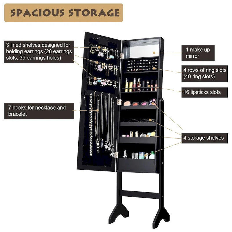 Costway Black Mirrored Jewelry Cabinet Organizer with 18 LED Lights