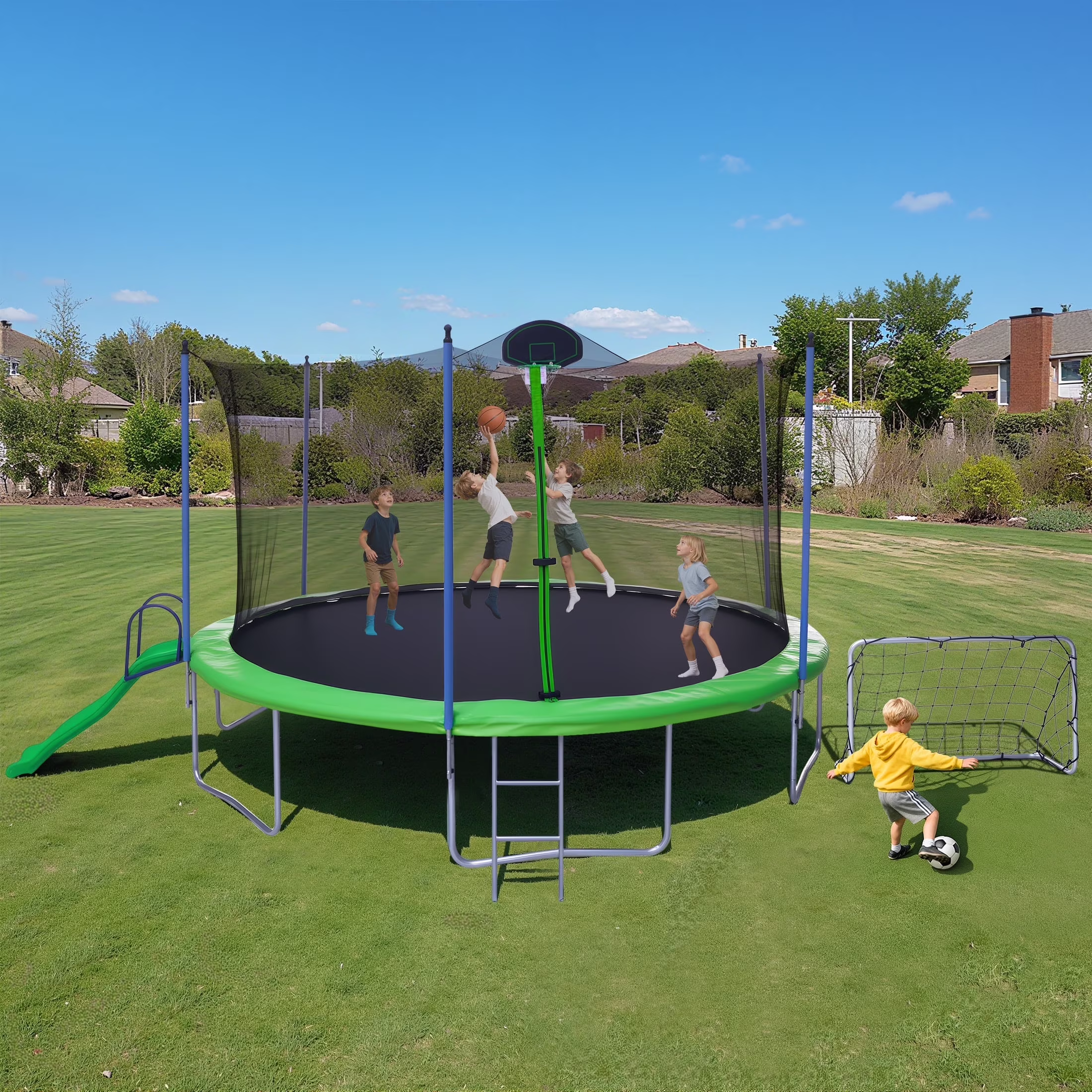 12FT Trampoline with Slide, Swings, SEGMART Recreational Trampoline with Basketball Hoop and Ladder, Heavy Duty Outdoor Backyard Trampoline with Net for Kids and Adults, Green