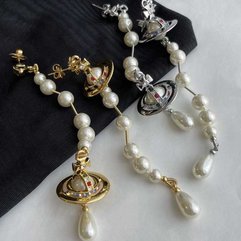 Vivienne Westwood Asymmetric Tassel Pearl Saturn Earrings - Original Replica Club