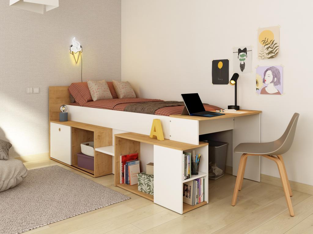 Cama combinada 90 x 200 cm con escritorio y almacenamiento - Blanco y natural + Somier - PALOMA