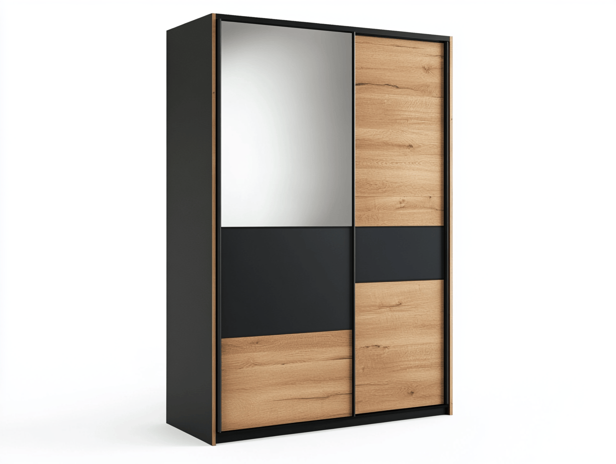 Armario con puertas corredizas en color negro y madera de roble
