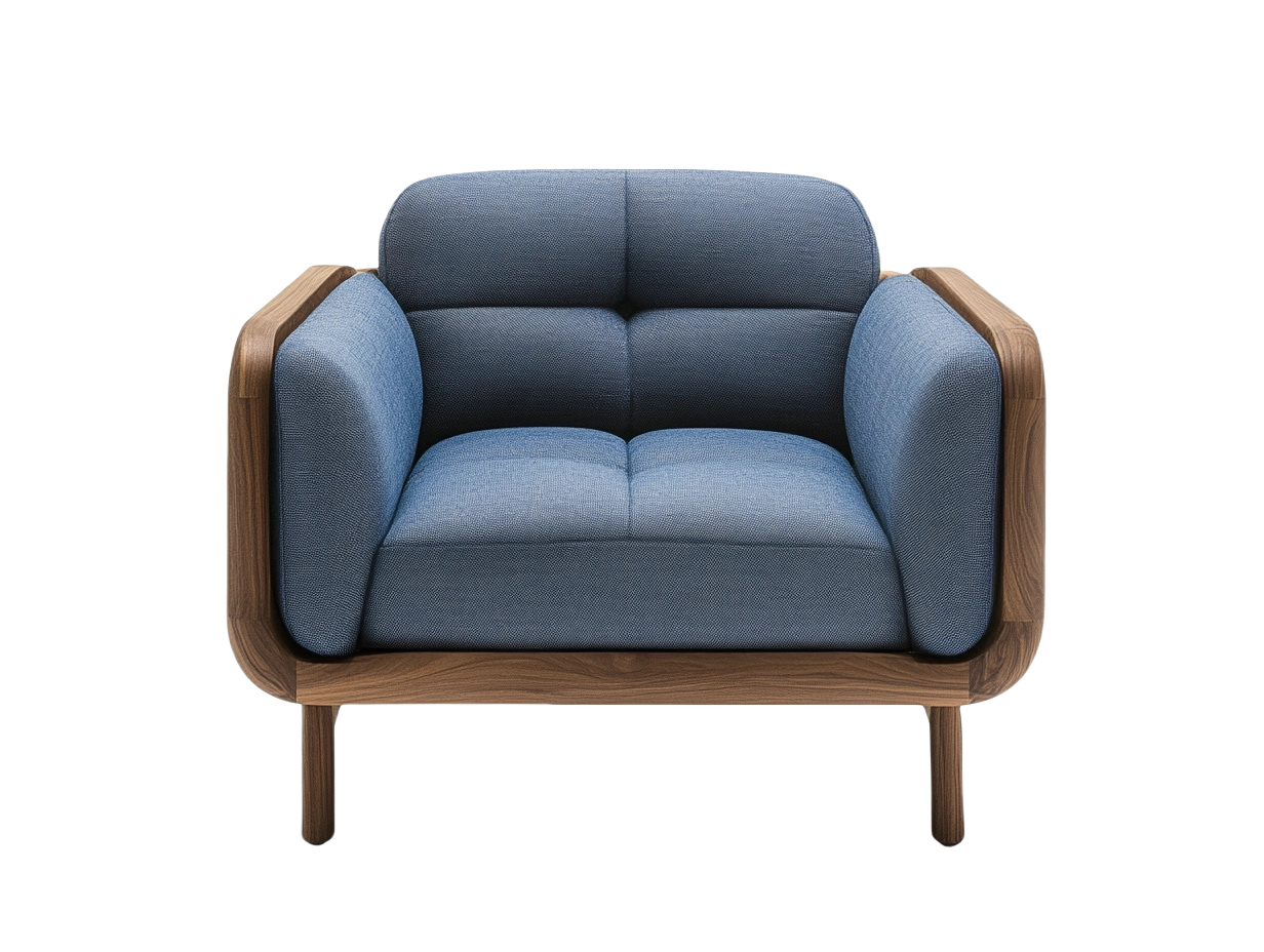 Sofá sillón cuadrado tela poliéster azul marco madera nogal