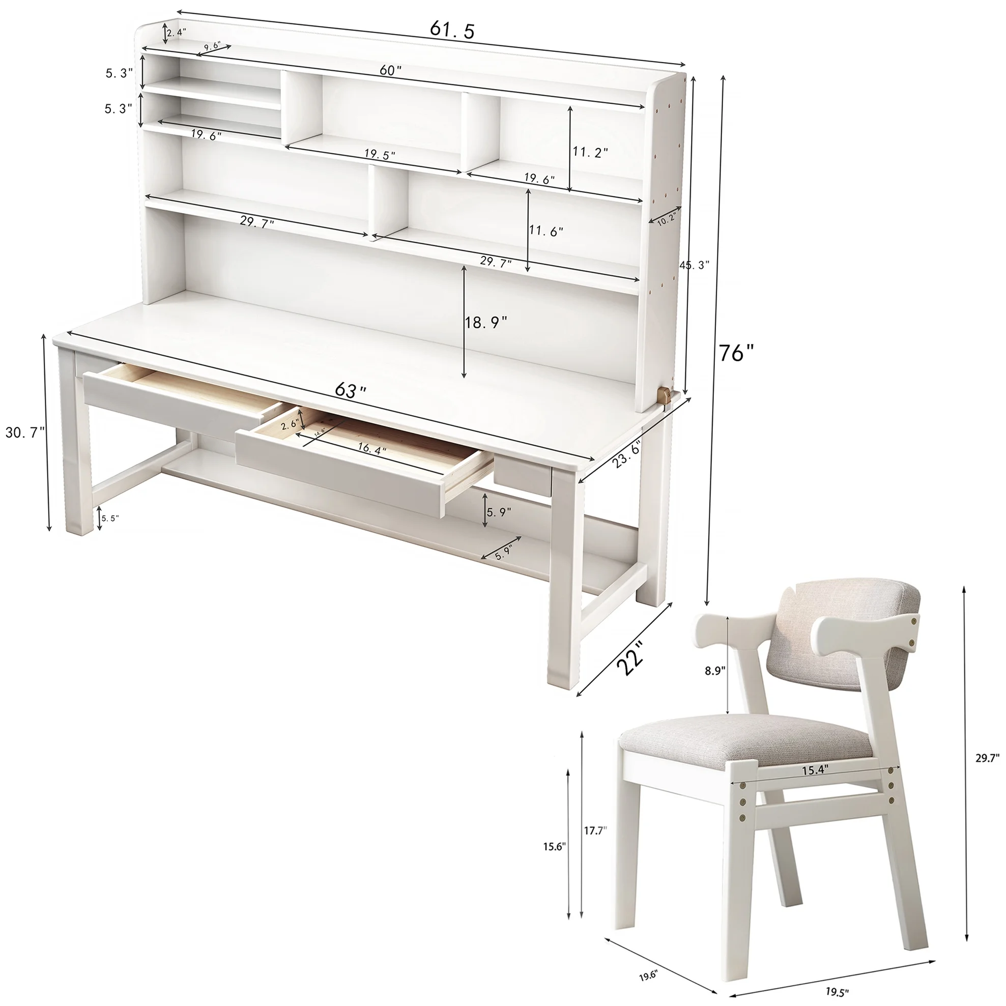 BALANBO Solid Wood Kids Desk and Chair Set with Hutch,Study Computer Desk with Drawers, Extra Large Two Person Study Desk Writing Table, Student White Desk with Bookshelf for Bedroom,Study Room,White - Image 2
